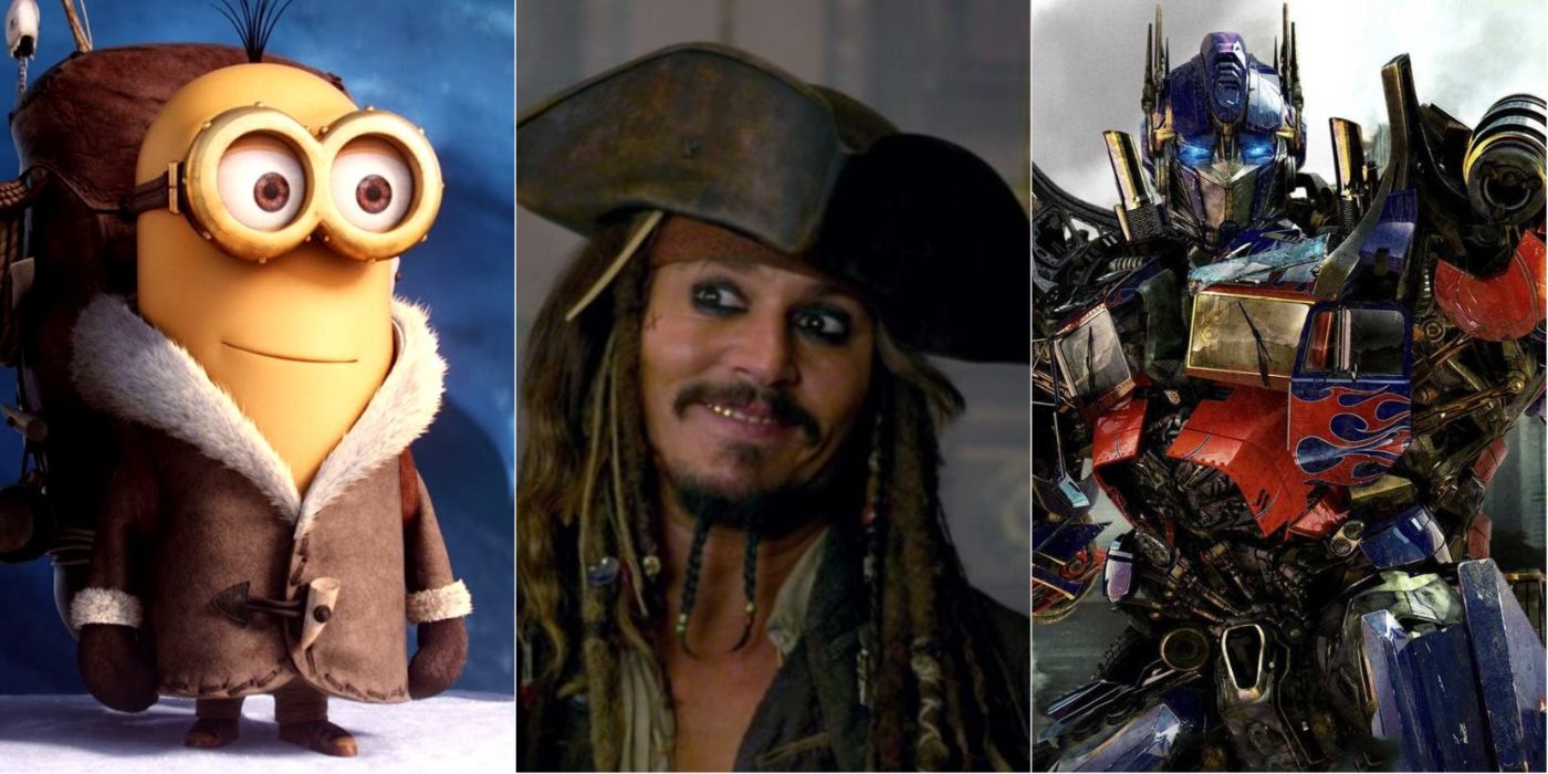 Split image of a Minion in Minions, Jack Sparrow in Pirates of the Caribbean On Stranger Tides, and Optimus Prime in Transformers Revenge of the Fallen