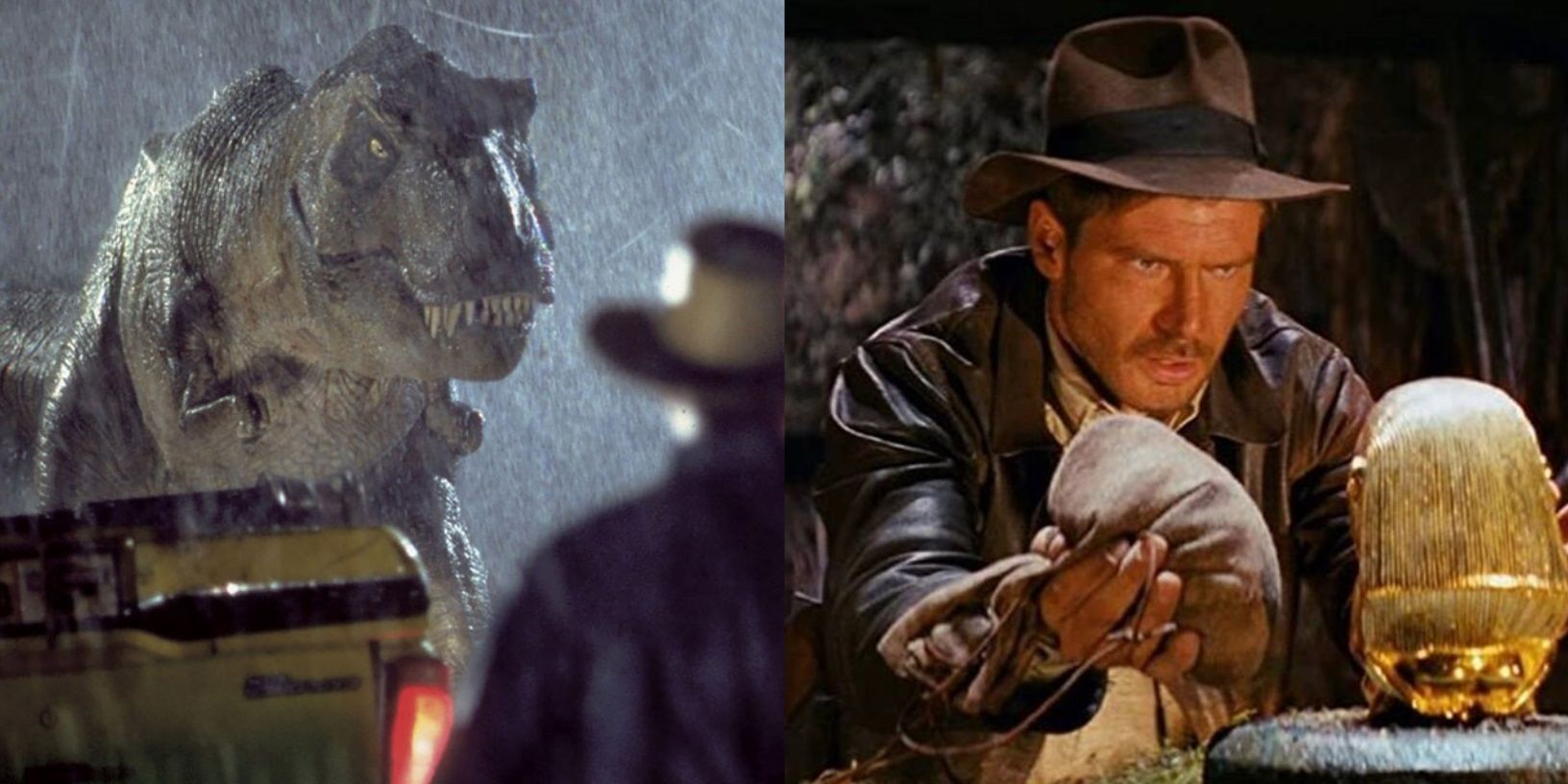 Split image of a T rex in Jurassic Park and Indiana Jones in Raiders of the Lost Ark