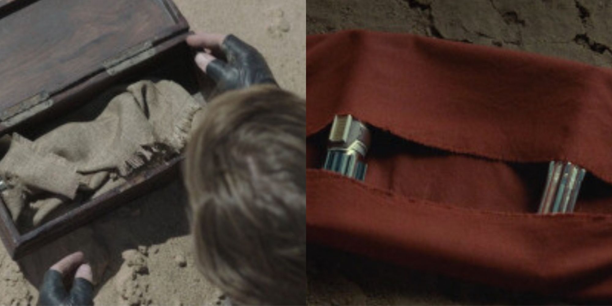 Split image of lightsabers buried in the desert in Obi-Wan Kenobi and lightsabers buried in the desert in Star Wars: The Rise of Skywalker