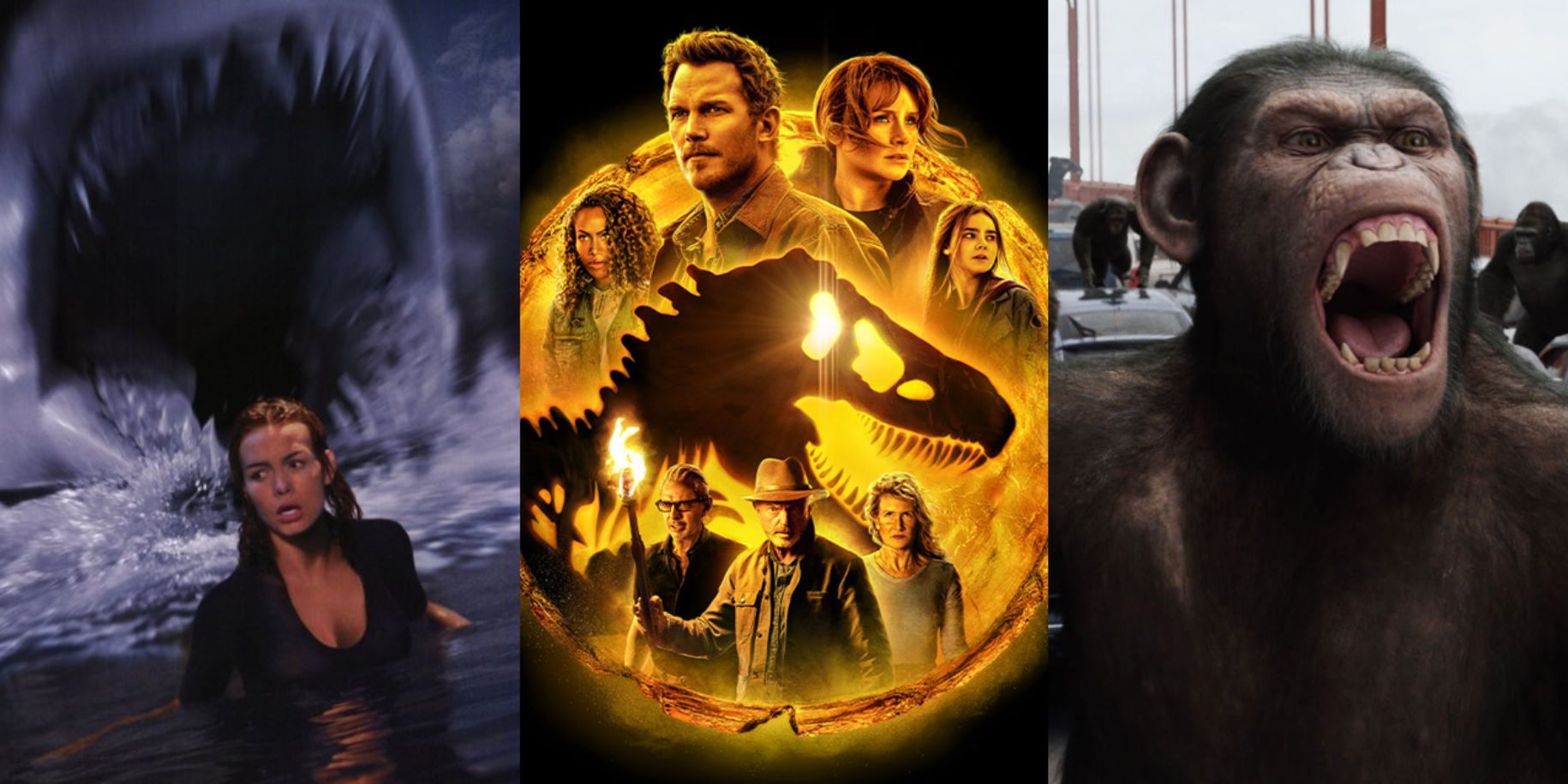 Split image of the Deep Blue Sea poster, the Jurassic World Dominion, and Caesar in Rise of the Planet of the Apes