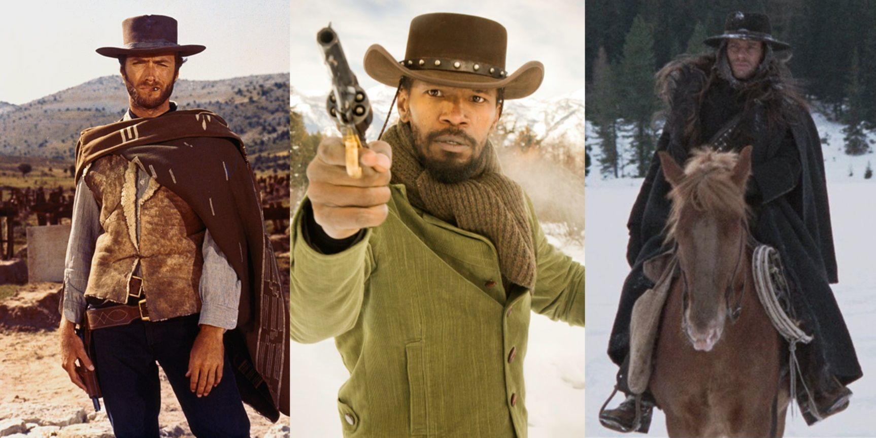 Split image of the Man with No Name in The Good the Bad and the Ugly, Django in Django Unchained, and Silence in The Great Silence