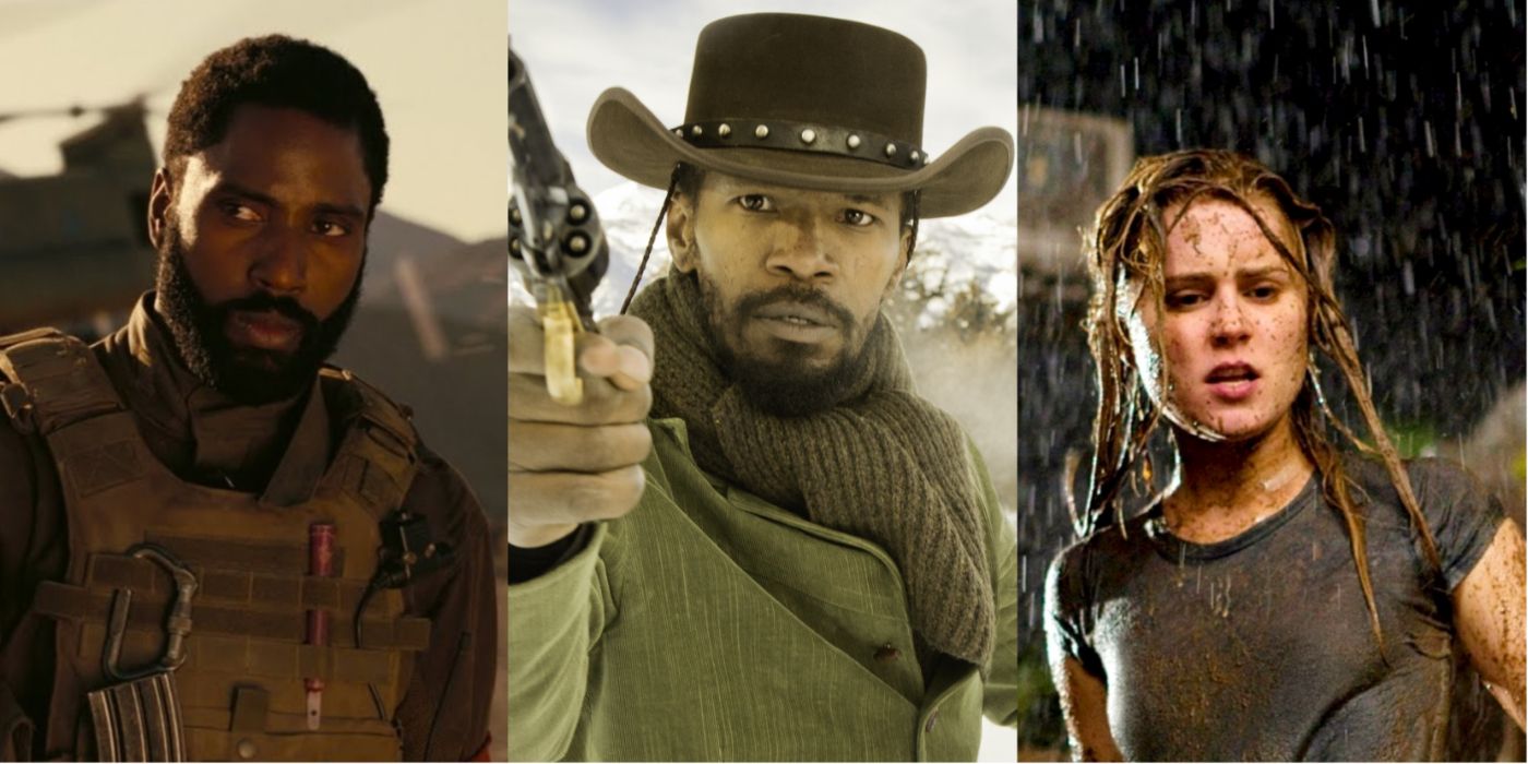 Split image of the Protagonist in Tenet, Django in Django Unchained, and Christine in Drag Me To Hell
