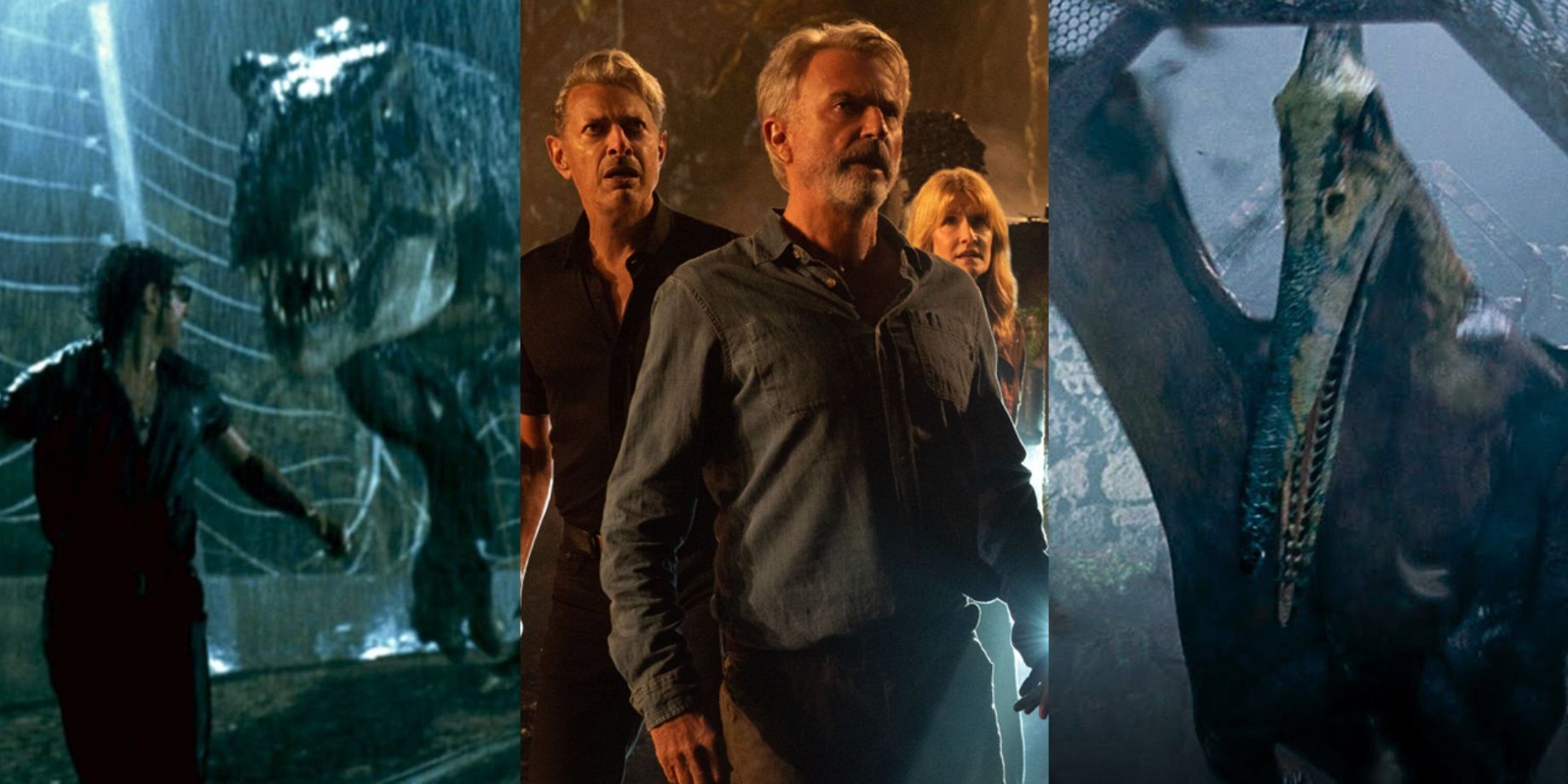 Split image of the T rex in Jurassic Park, Alan, Ellie, and Ian in Jurassic World Dominion, and a pterodactyl in Jurassic Park III