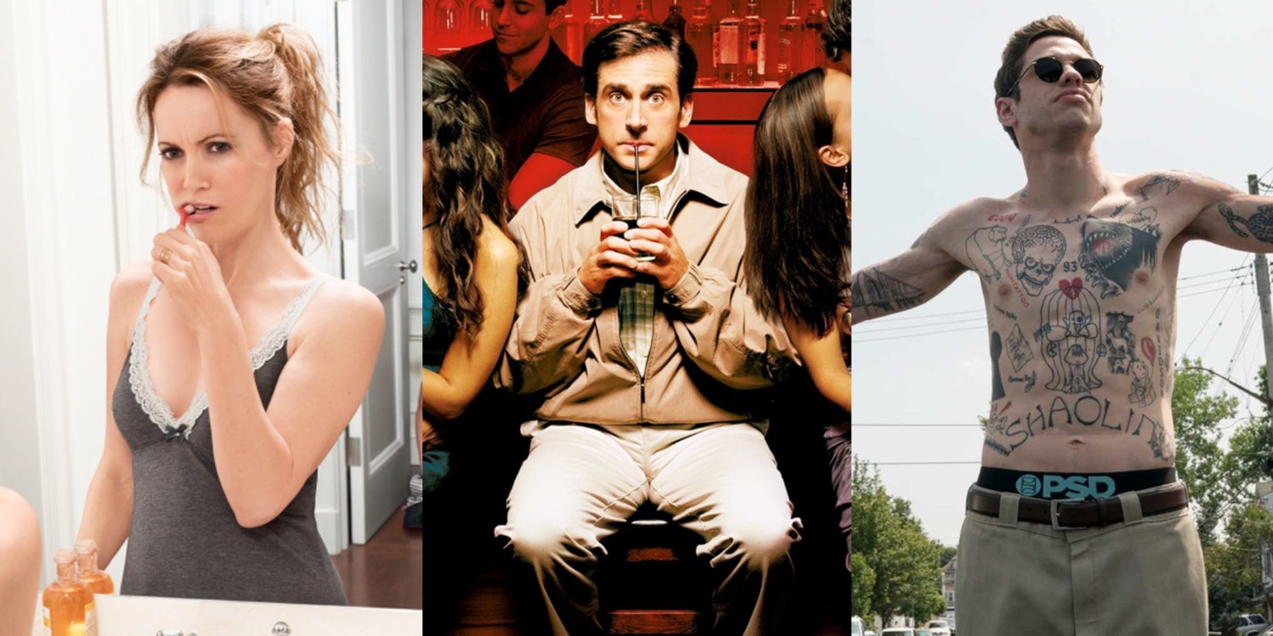 Split image of the posters for This is 40, The 40-Year-Old Virgin, and The King of Staten Island
