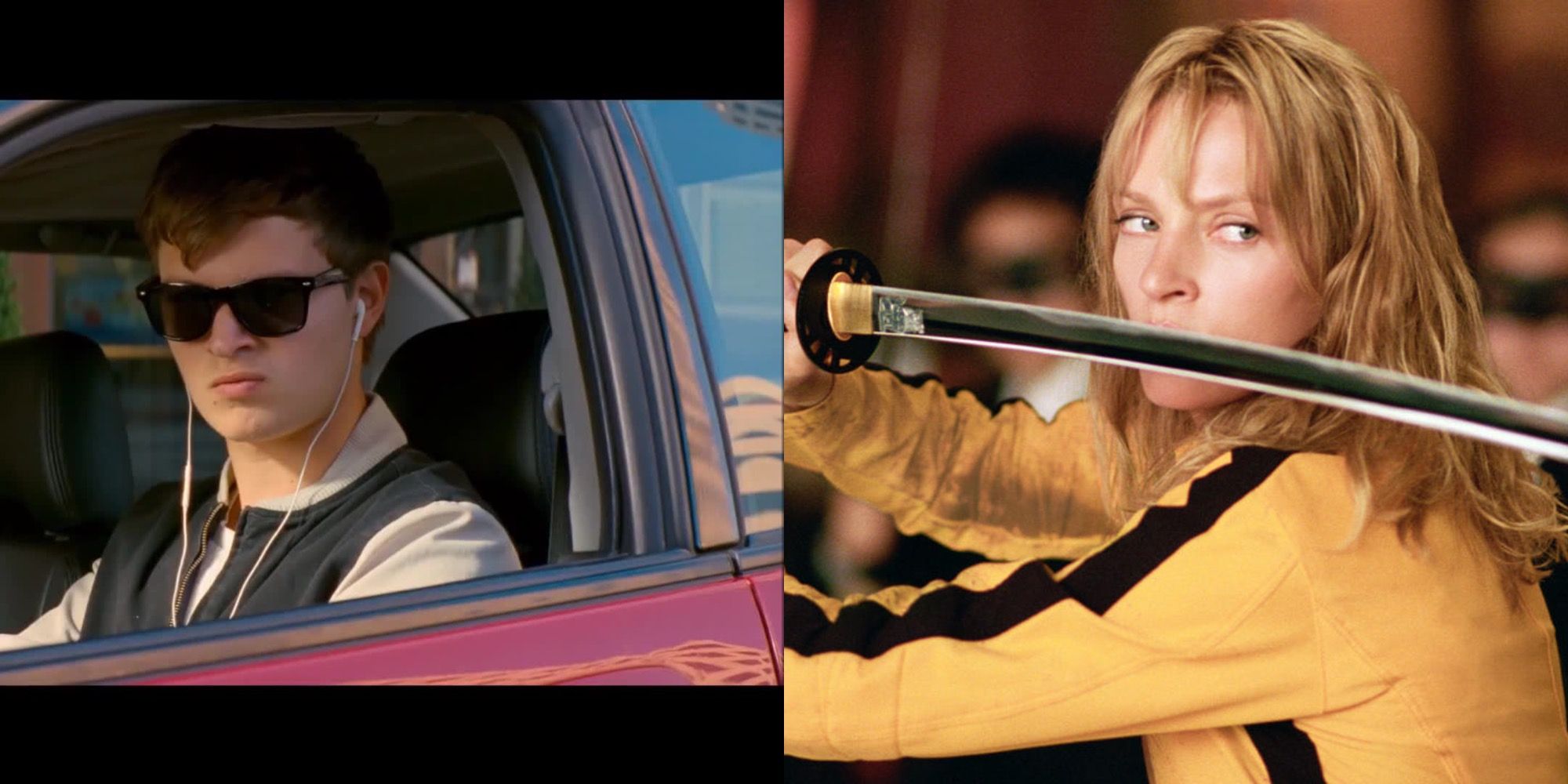 Split image of Uma Thurman and Ansel Elgort in their respective films Kill Bill and Baby Driver