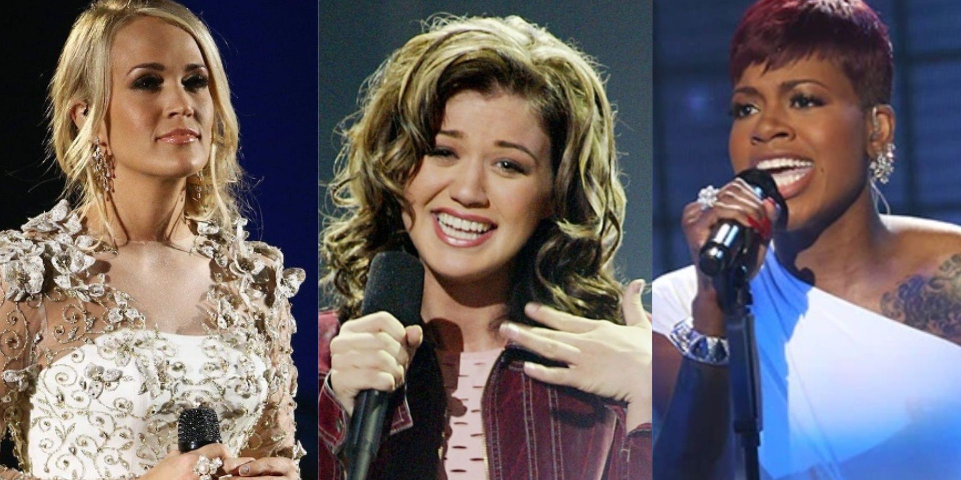 Split images of Carrie Underwood, Kelly Clarkson, and Fantasia singing in American Idol