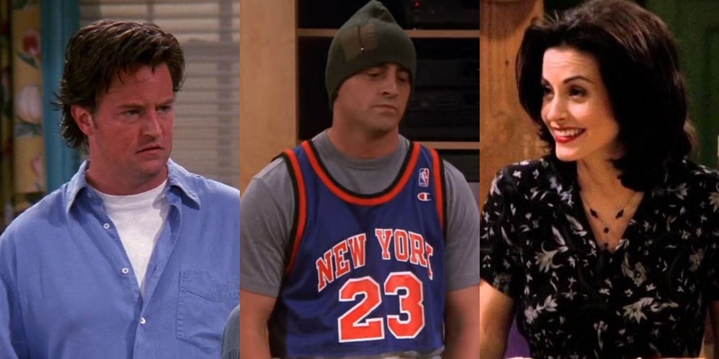 Split images of Chandler Bing, Joey Tribbiani, and Monica Geller in Friends
