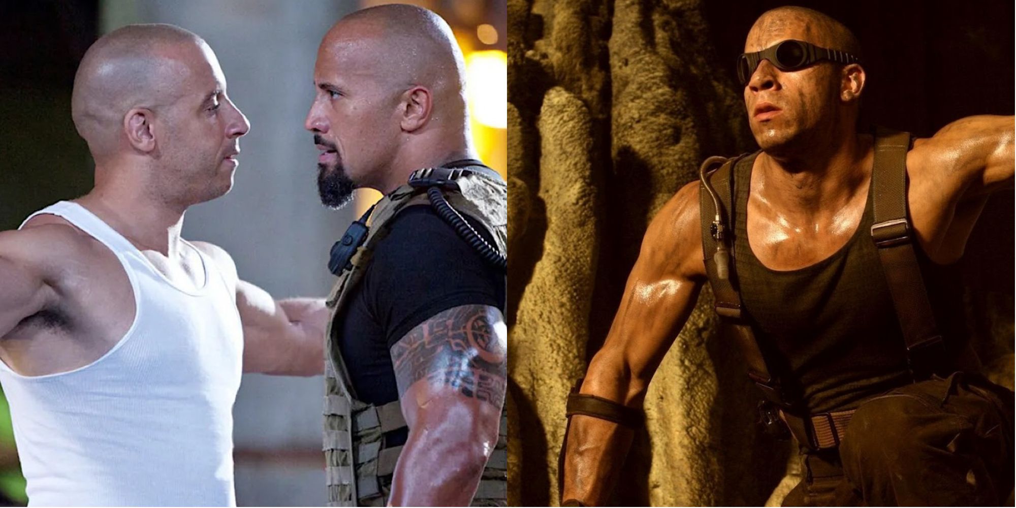 Split images of Dominic Toretto with Luke Hobbs in Fast Five and Riddick looking up