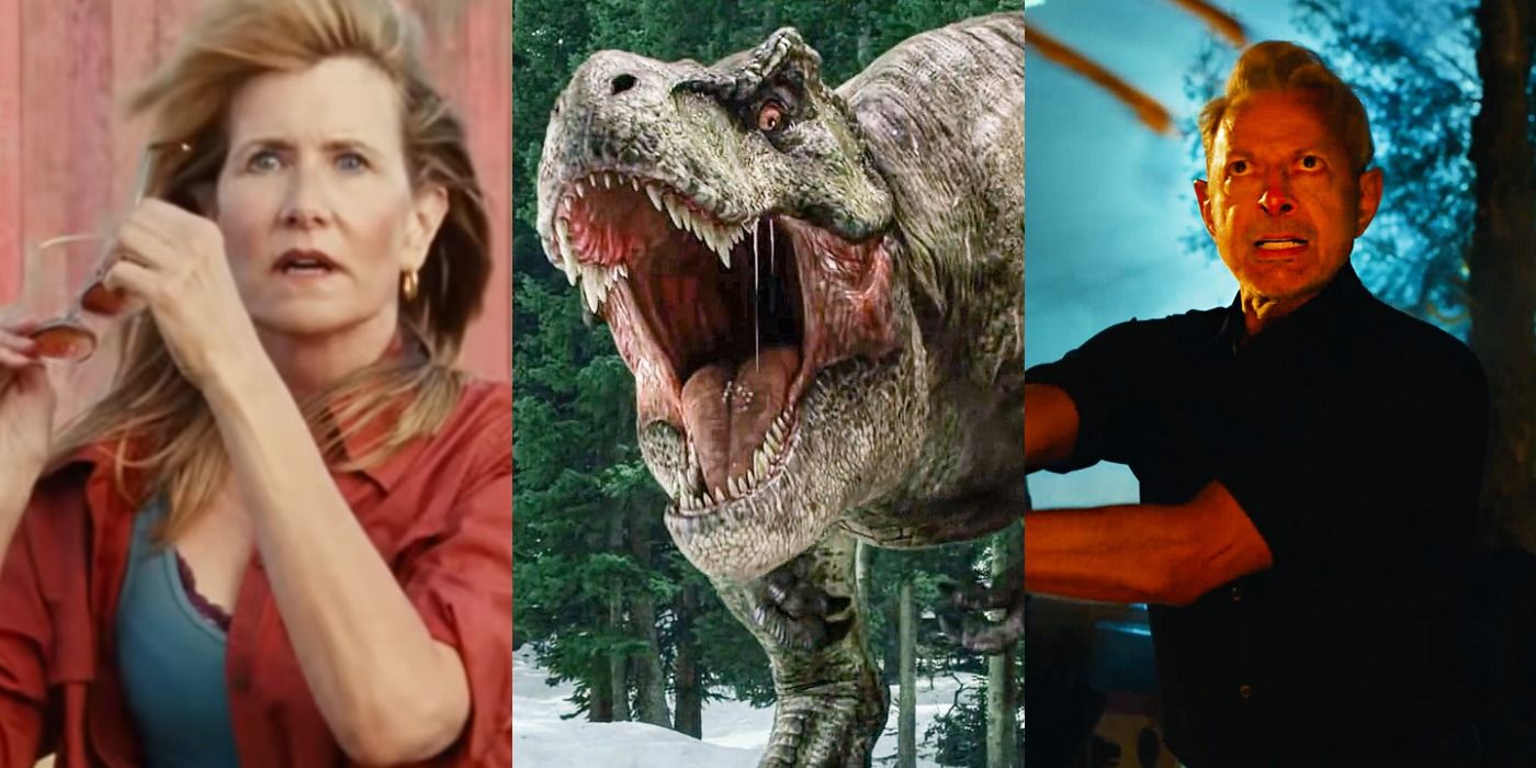 Split images of Ellie Sattler, a T-Rex, and Ian Malcolm in Jurassic World Dominion