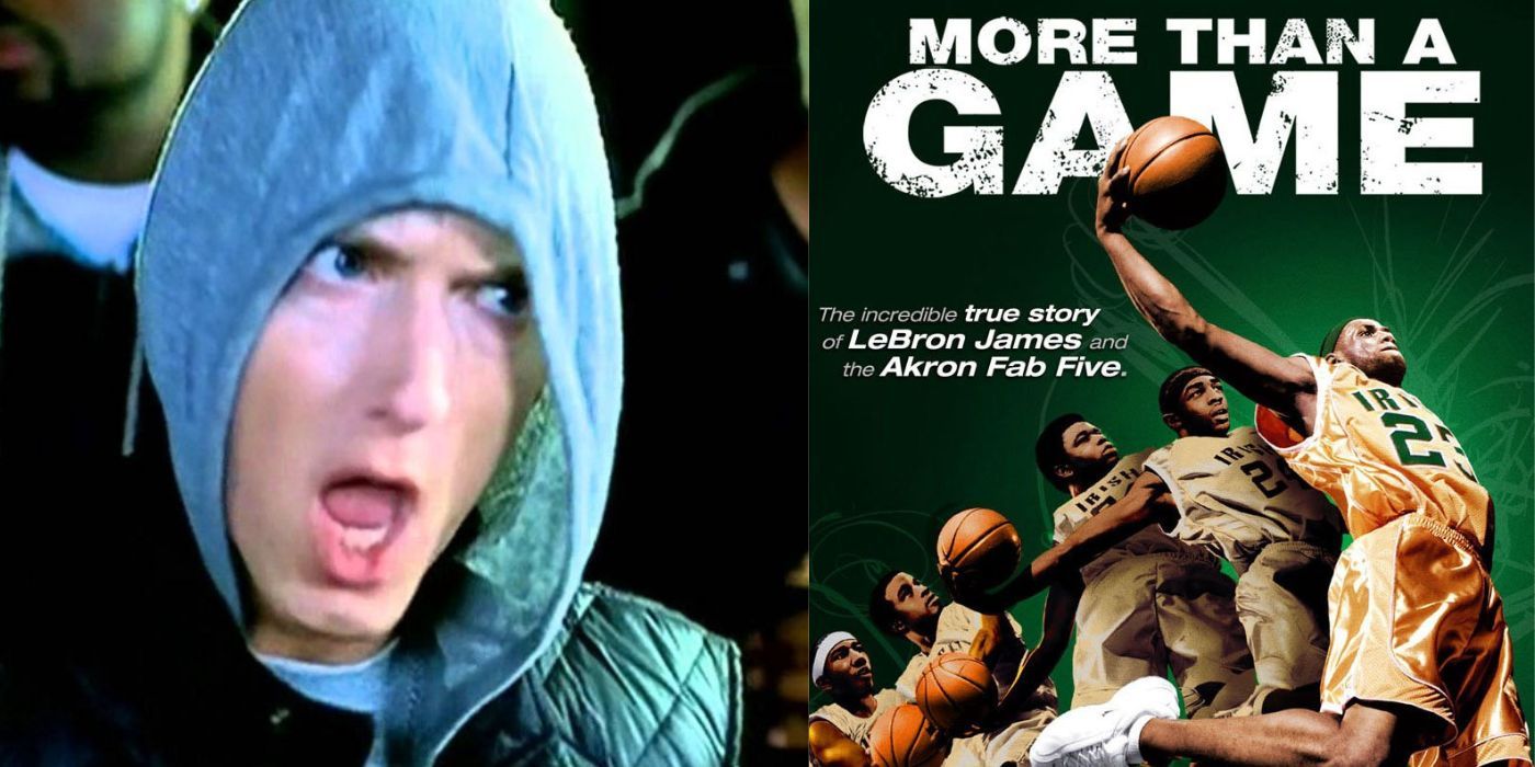 Split images of Eminem in Forever video and the poster for More than a Game