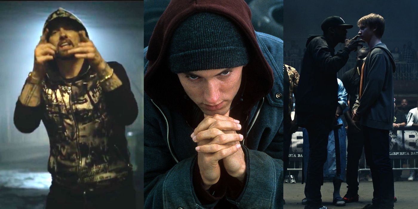Split images of Eminem in the music video for Venom, a scene from 8 Mile, and a scene from Bodied