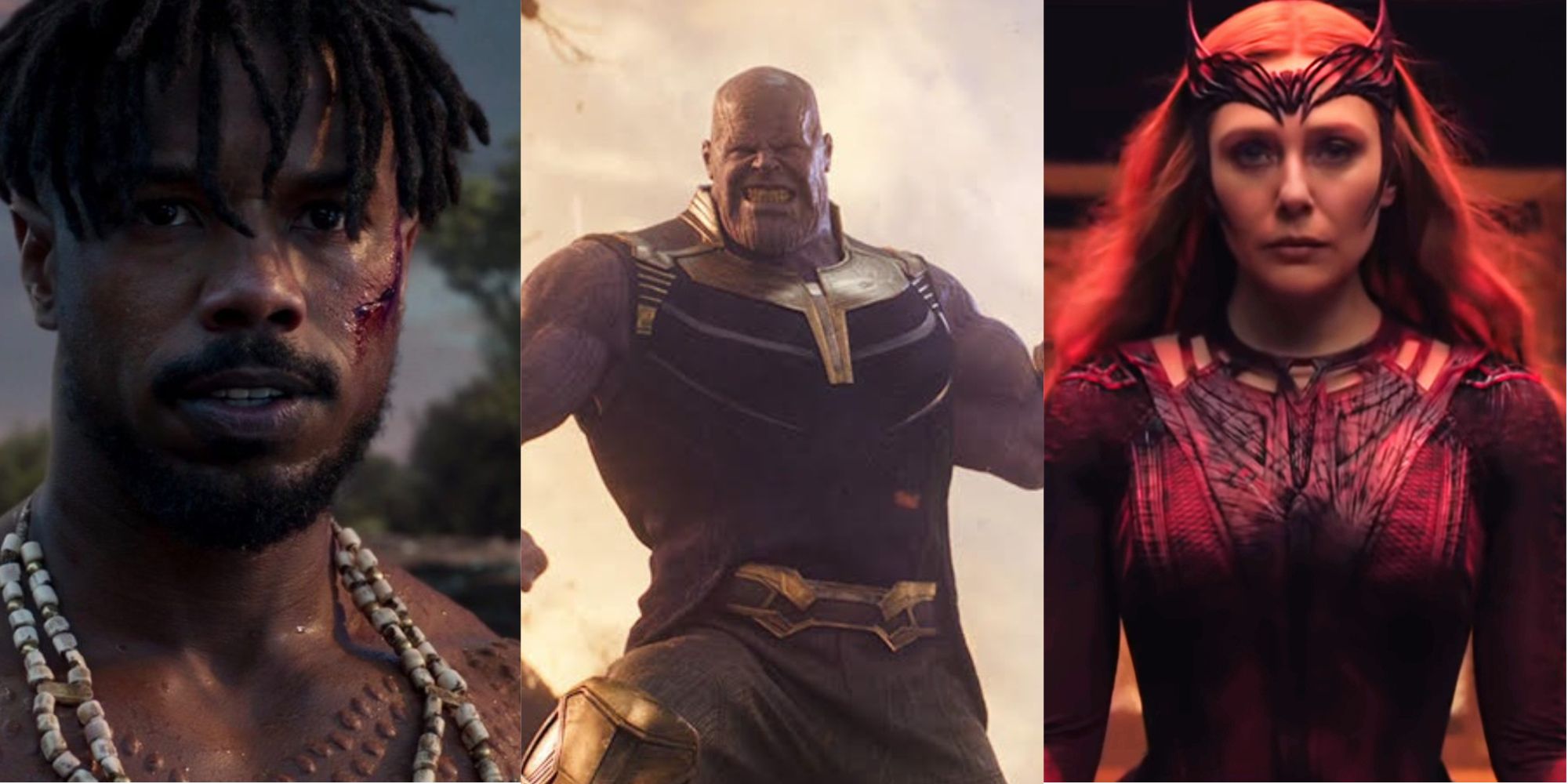 Split images of Erik Killmonger, Thanos, and Scarlet Witch in the Marvel Cinematic Universe
