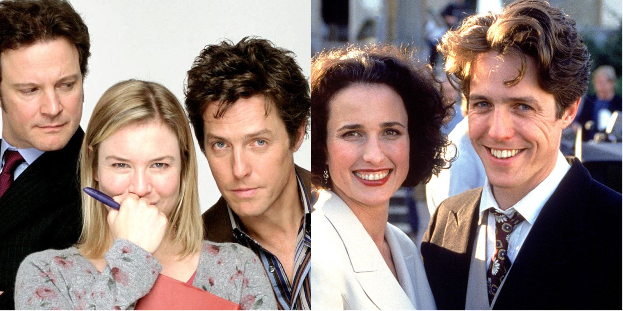Split images of Hugh Grant with the cast of Bridget Jones's Diary and Hugh Grant with Andie MacDowell in Four Weddings and a Funeral