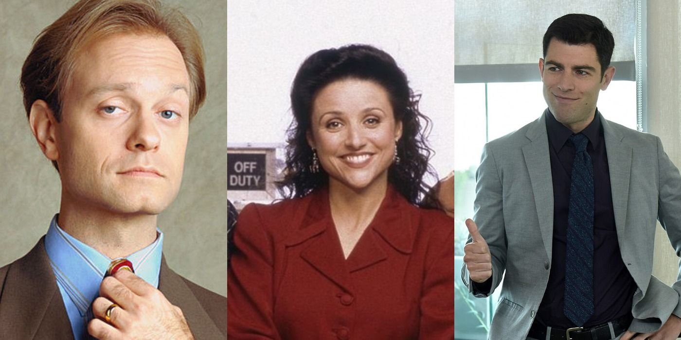 Split images of Niles in Frasier, Elaine in Seinfeld, and Schmidt in New Girl