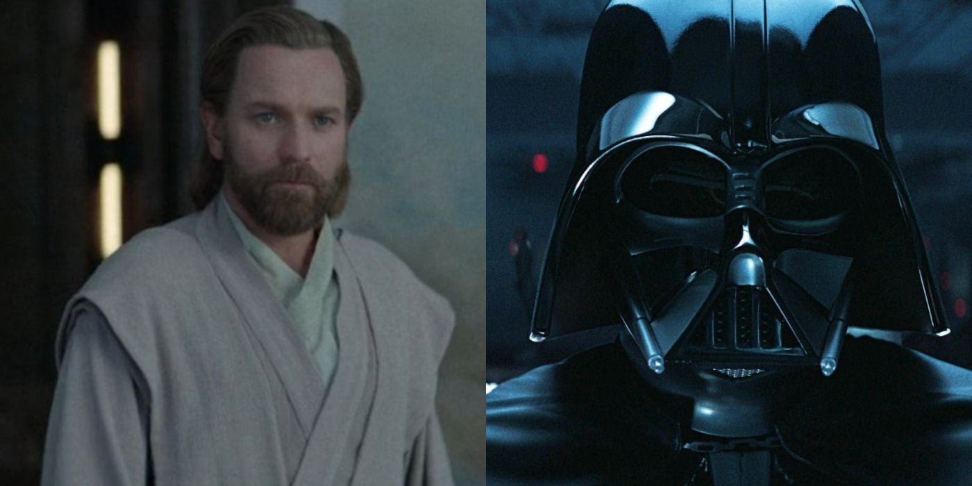 Split images of Obi-Wan Kebobi in his Jedi Robes and Darth Vader looking at the screen