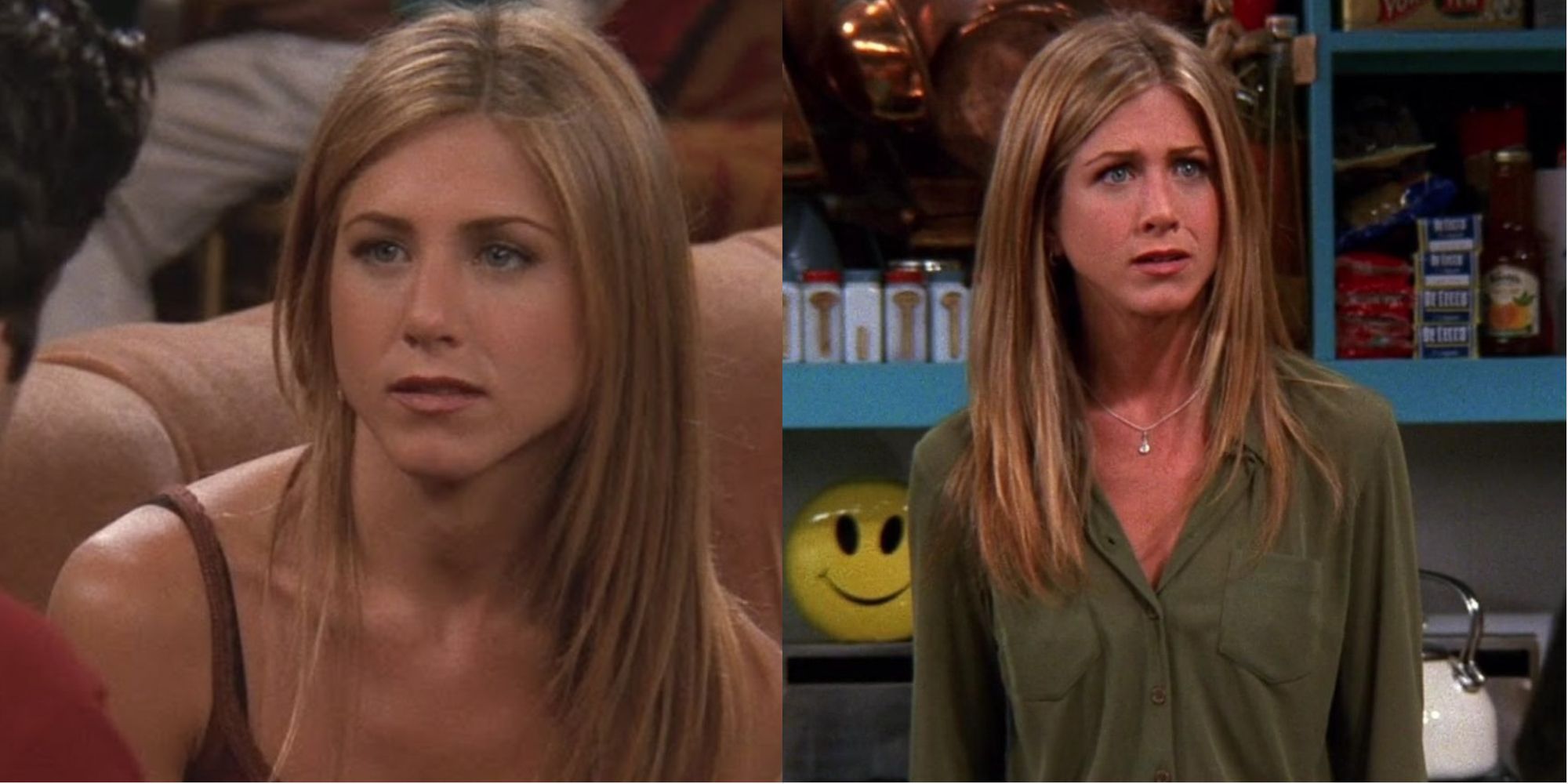 Split images of Rachel looking sad and Rachel looking sadly at Ross in Friends