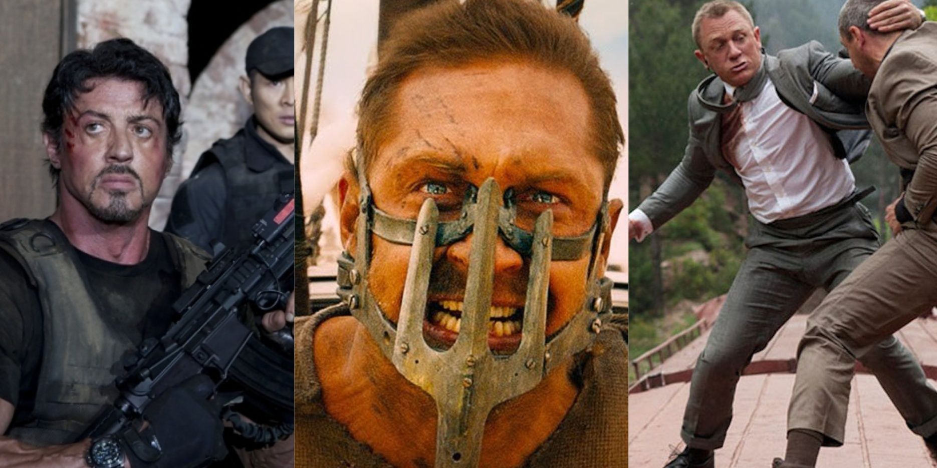 Split images of The Expendables, Mad Max Fury Road, and Skyfall
