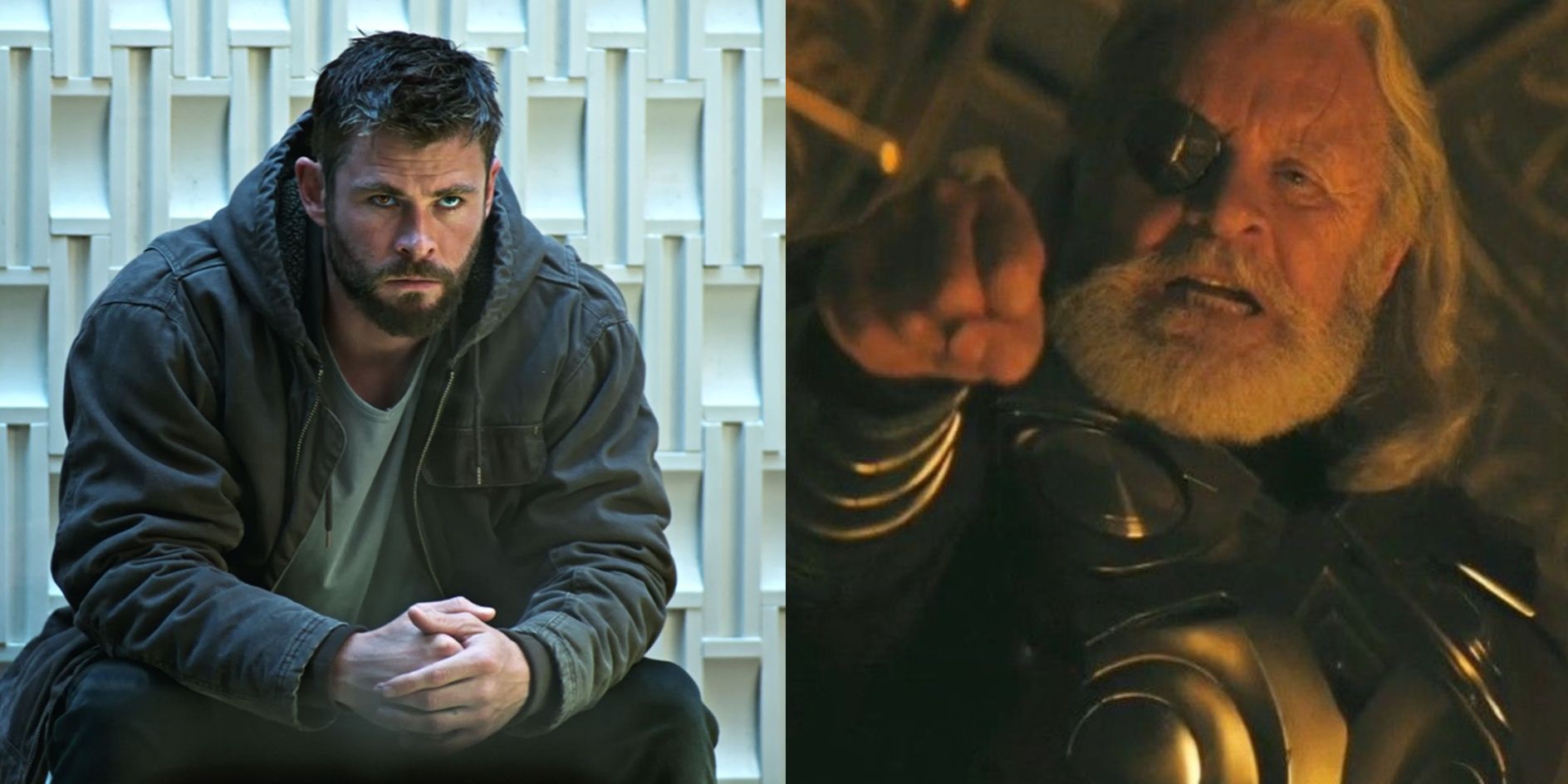Split images of Thor in Avengers Endgame and Odin in Thor