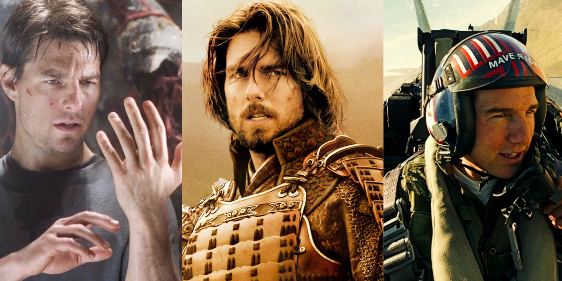 Split images of Tom Cruise in War of the Worlds, The Last Samurai, and Top Gun Maverick