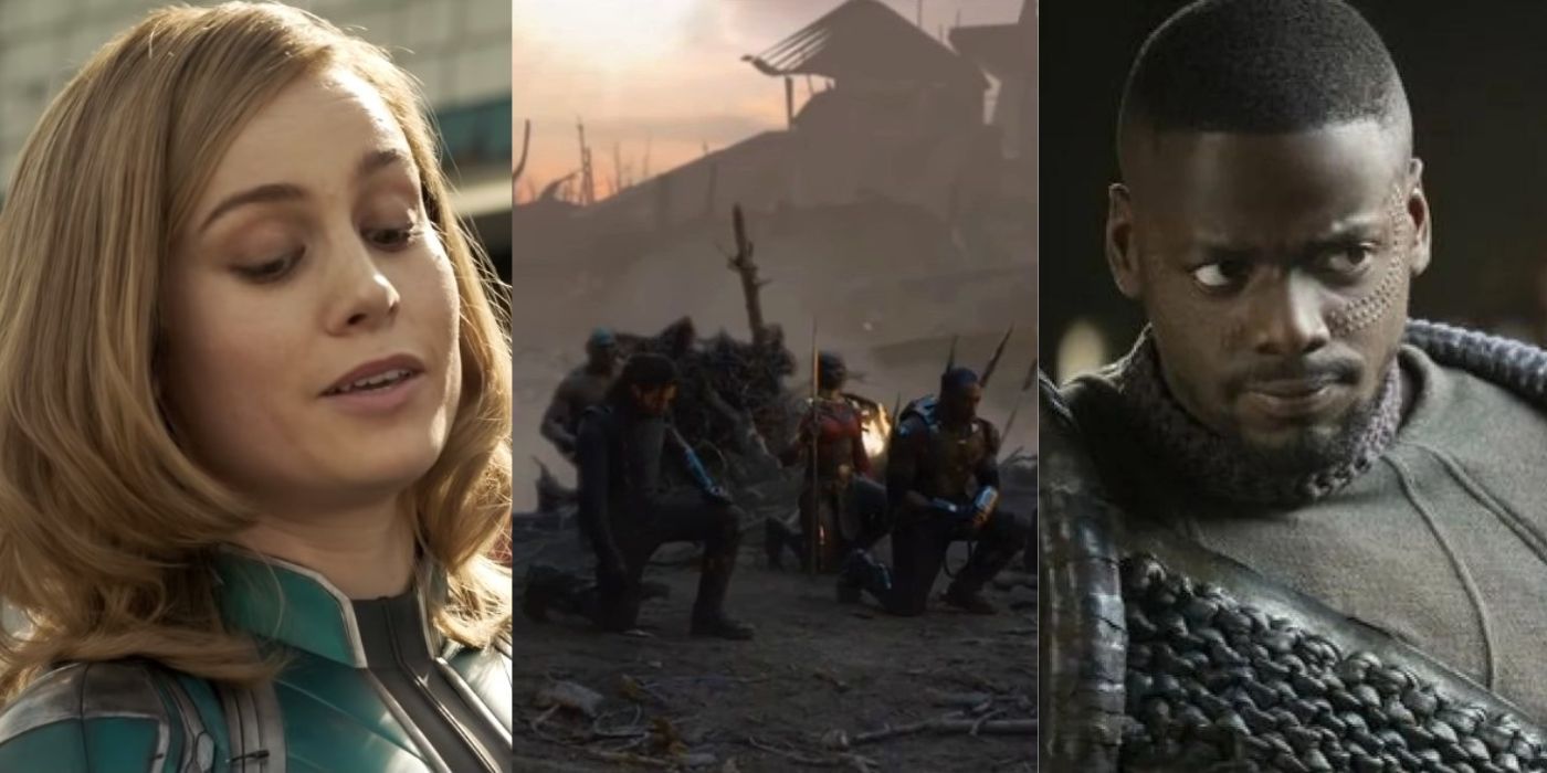 Split images of deleted scenes from Captain Marvel, Endgame, and Black Panther