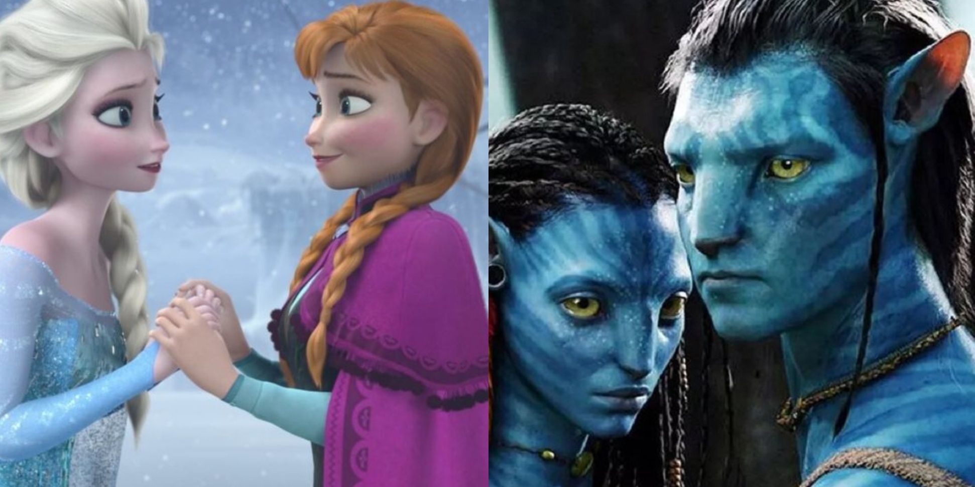 Split images of the sisters in Frozen and the Na'vi in Avatar looking serious