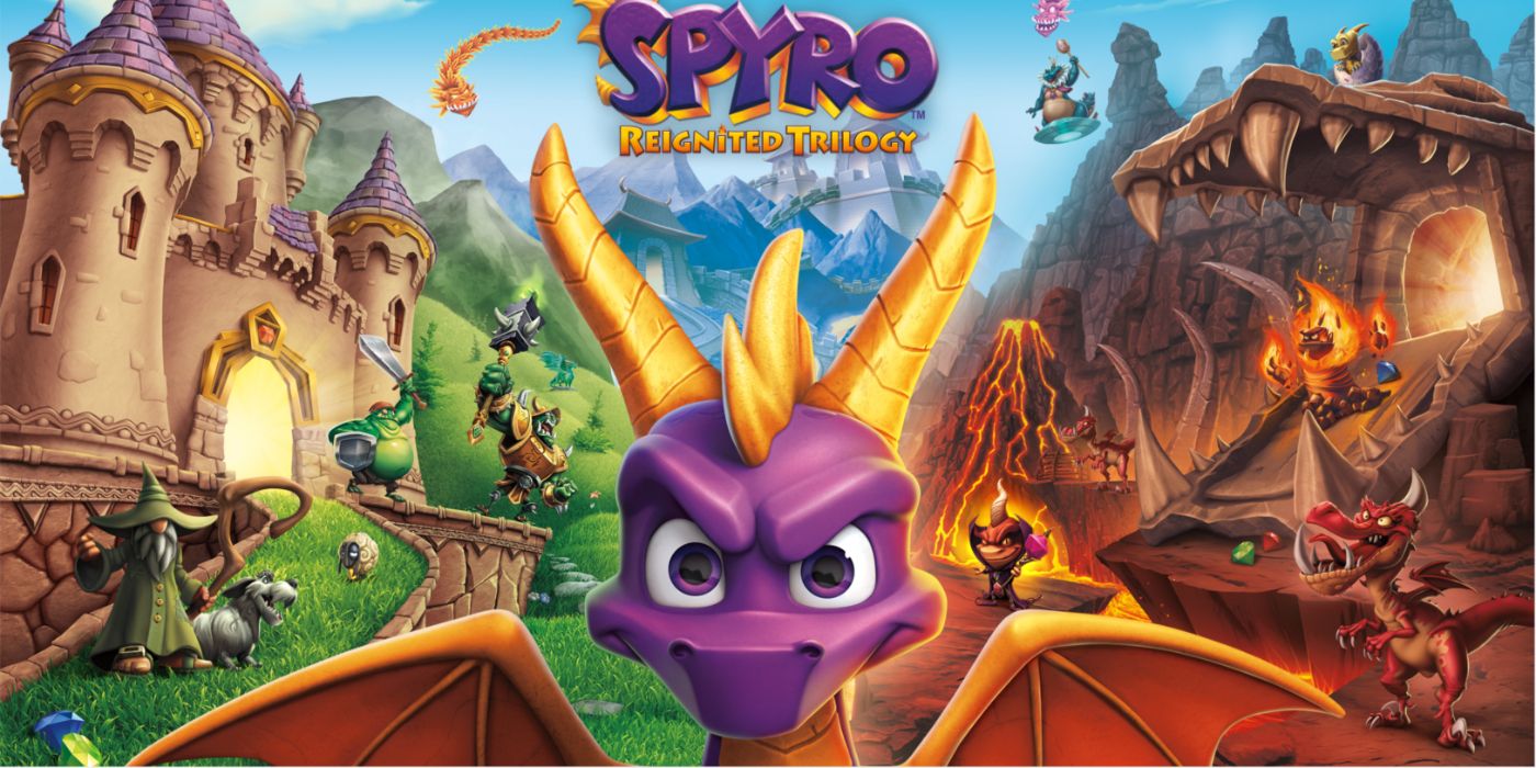 Spyro in promo art for the Reignited Trilogy with the various colorful levels in the background.