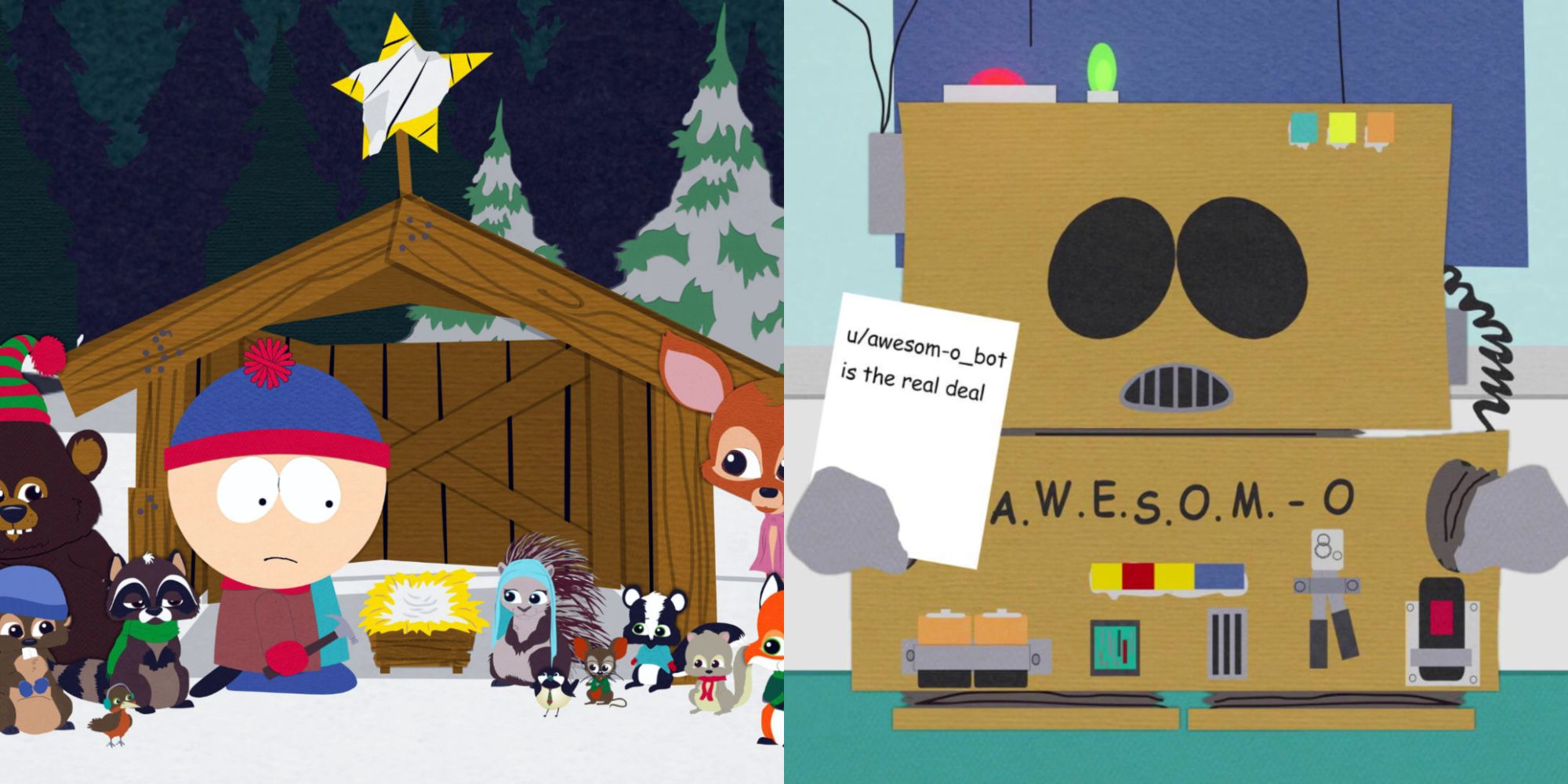 Split image showing Stan with woodland animals and the ASWESOM-O bot in South Park.