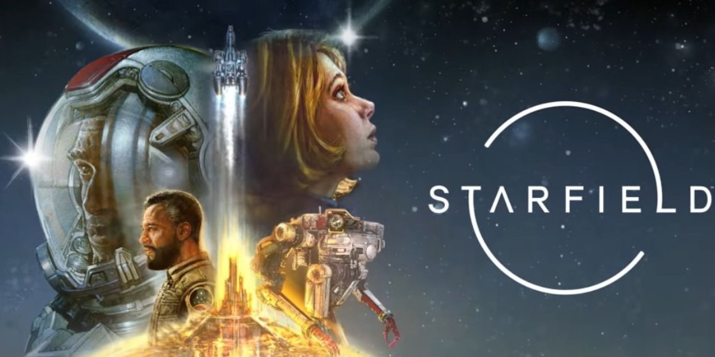 Key art for Starfield featuring a collage of characters set to a galactic background.