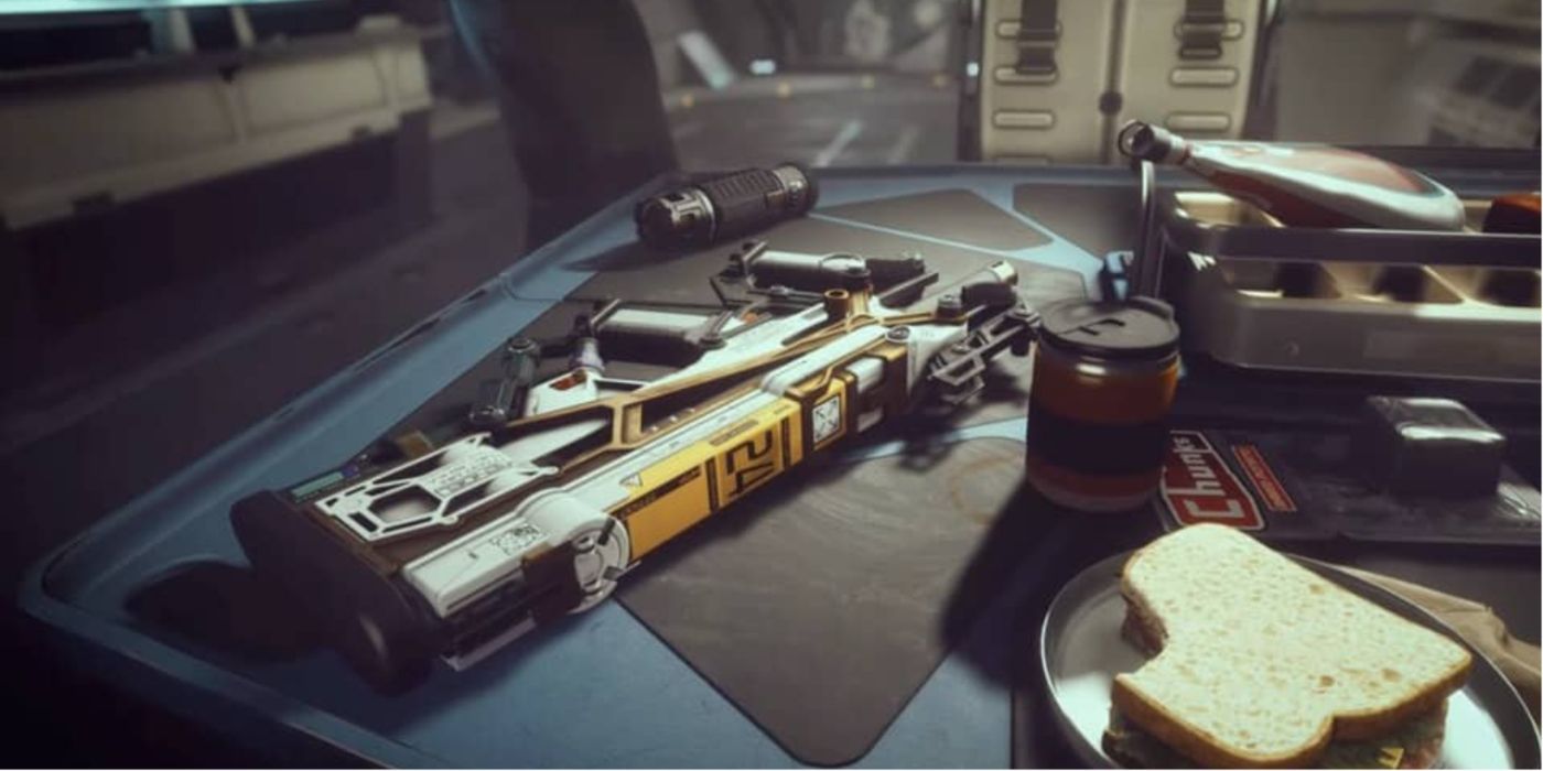 A large gun set on a table alongside other supplies in Starfield.