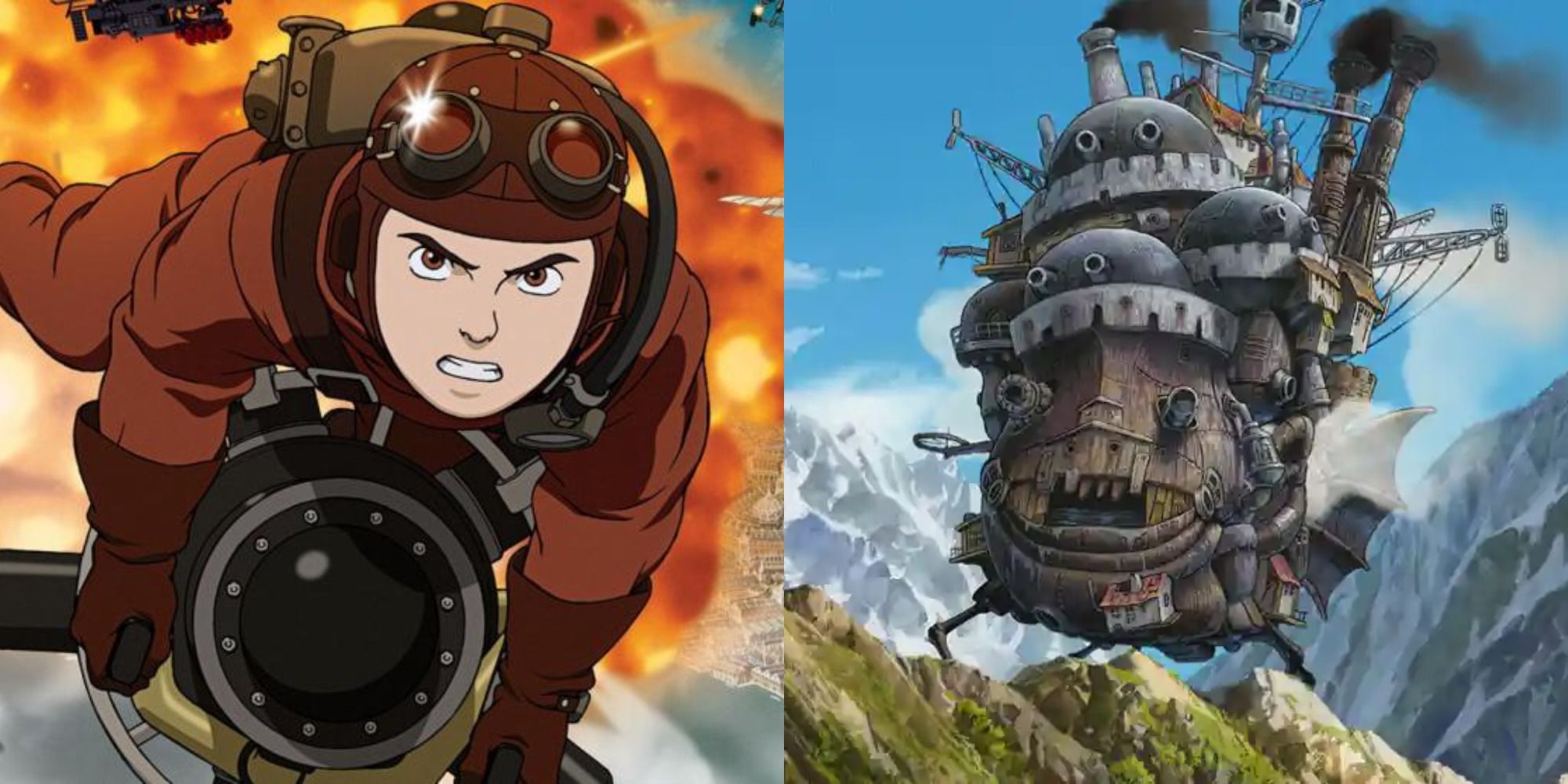 Split image showing Steam in Steamboy and the castle from Howl's Moving Castle.