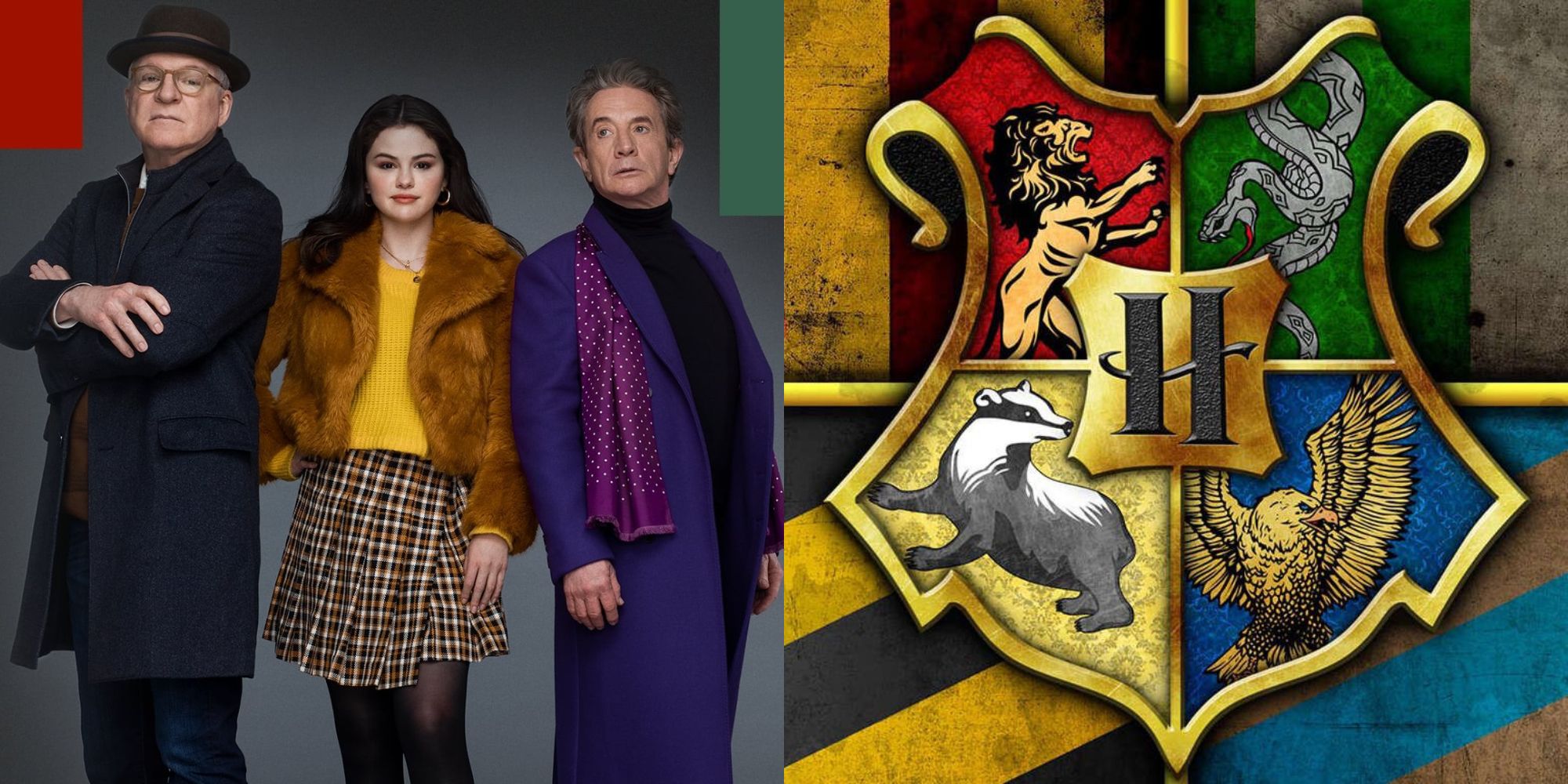 Split image showing Charles, Mabel, and Oliver in Only Murders, and the Hogwarts emblem.