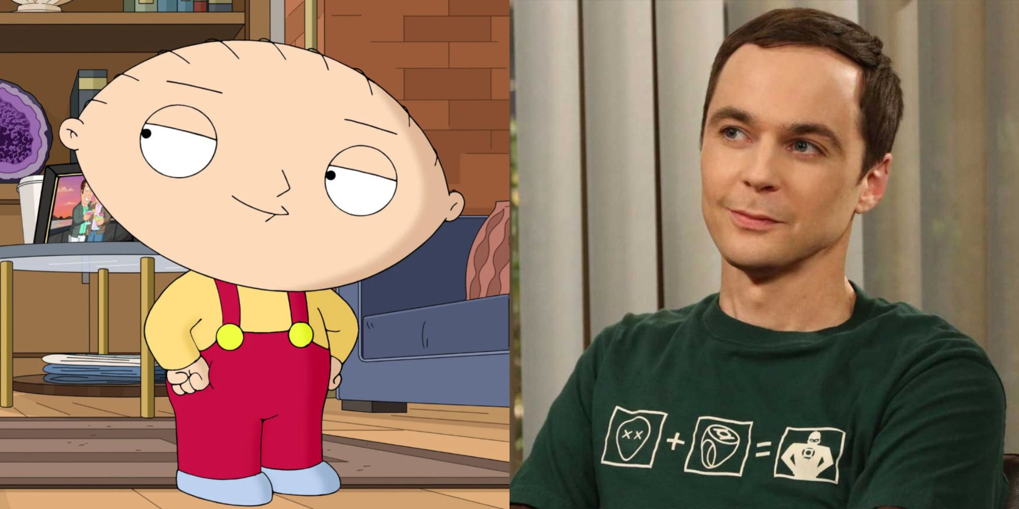 Split image showing Stewiw in Family Guy and Sheldon in TBBT.