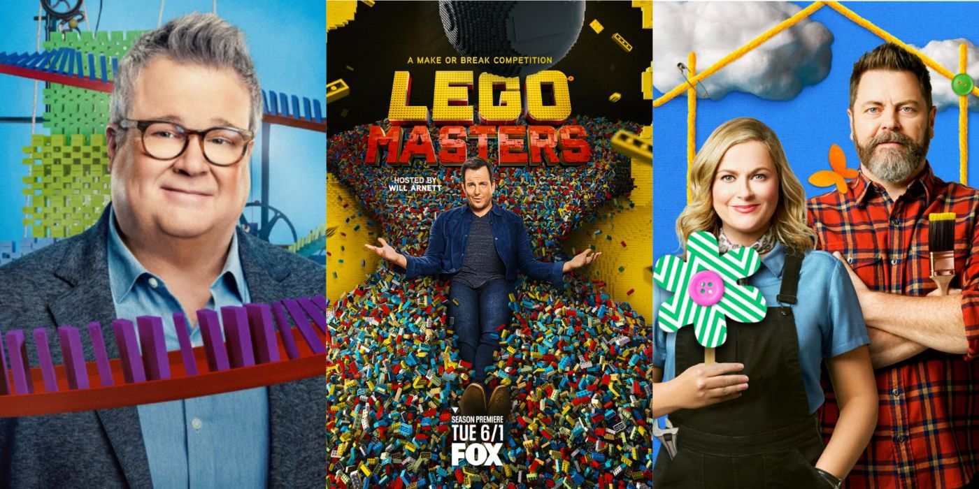 Stills from Lego Masters, Eric Stonestreet on Domino, and Amy Poehler and Nick Offerman in Making It
