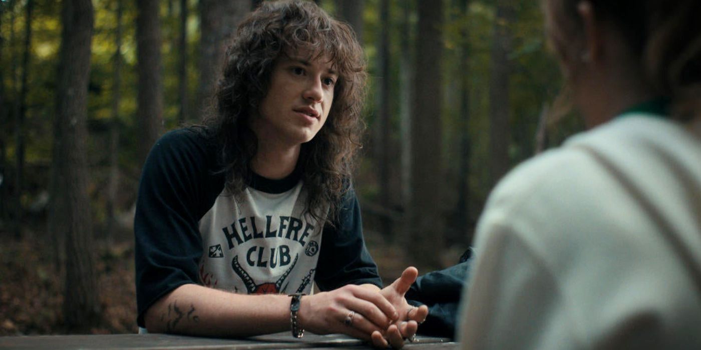 Stranger Things 4 Joseph Quinn Eddie Munson in Hellfire club shirt