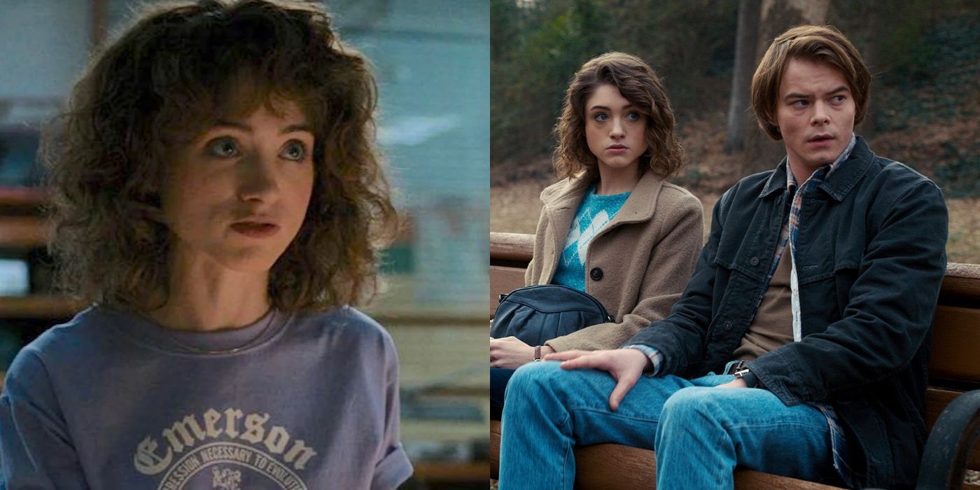 Split image of Nancy Wheeler and Jonathan Byers in Stranger Things