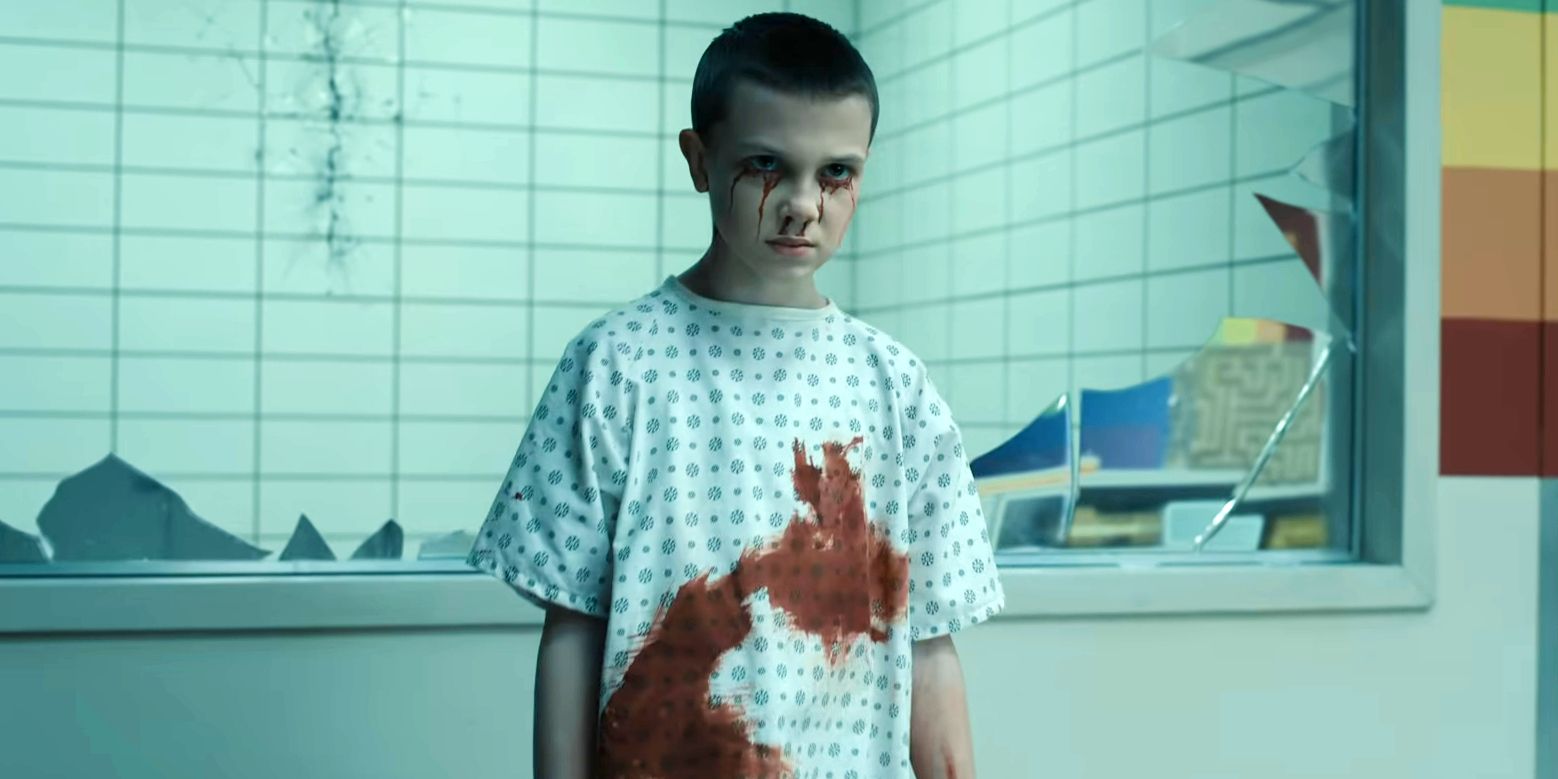A bloody Eleven next to a broken room in Stranger Things season 4