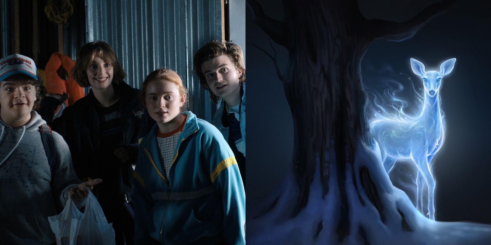 Split image showing the Stranger Things cast and a Patronus.