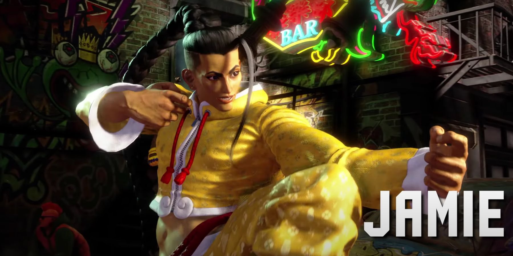 Jamie, new character in Street Fighter 6, a Chinese woman poised to fight with fists at the ready.
