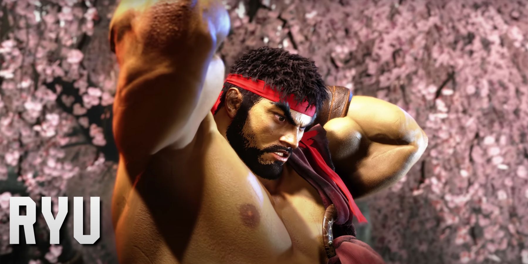 Classic Street Fighter character Ryu in SF6, posing with muscular arms flexed.
