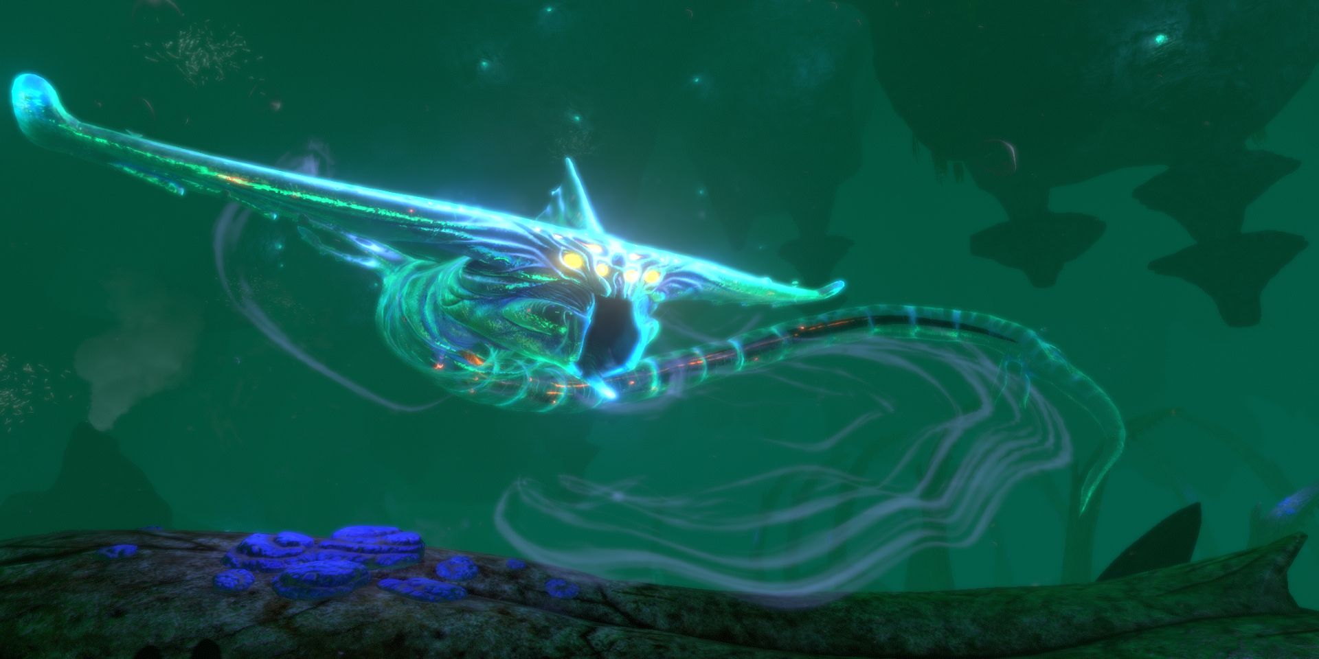 A screenshot of a Ghost Leviathan in the survival video game Subnautica.