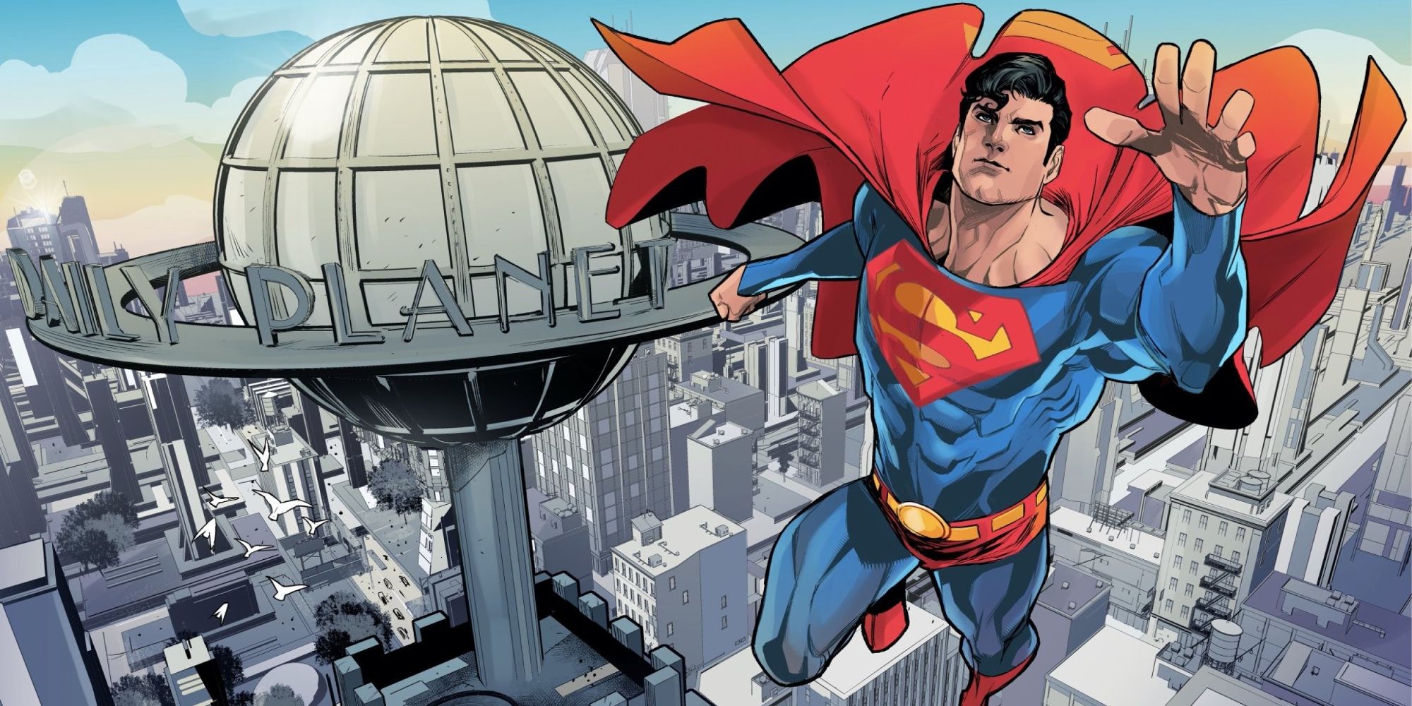 Superman flying past the Daily Planet in Metropolis.
