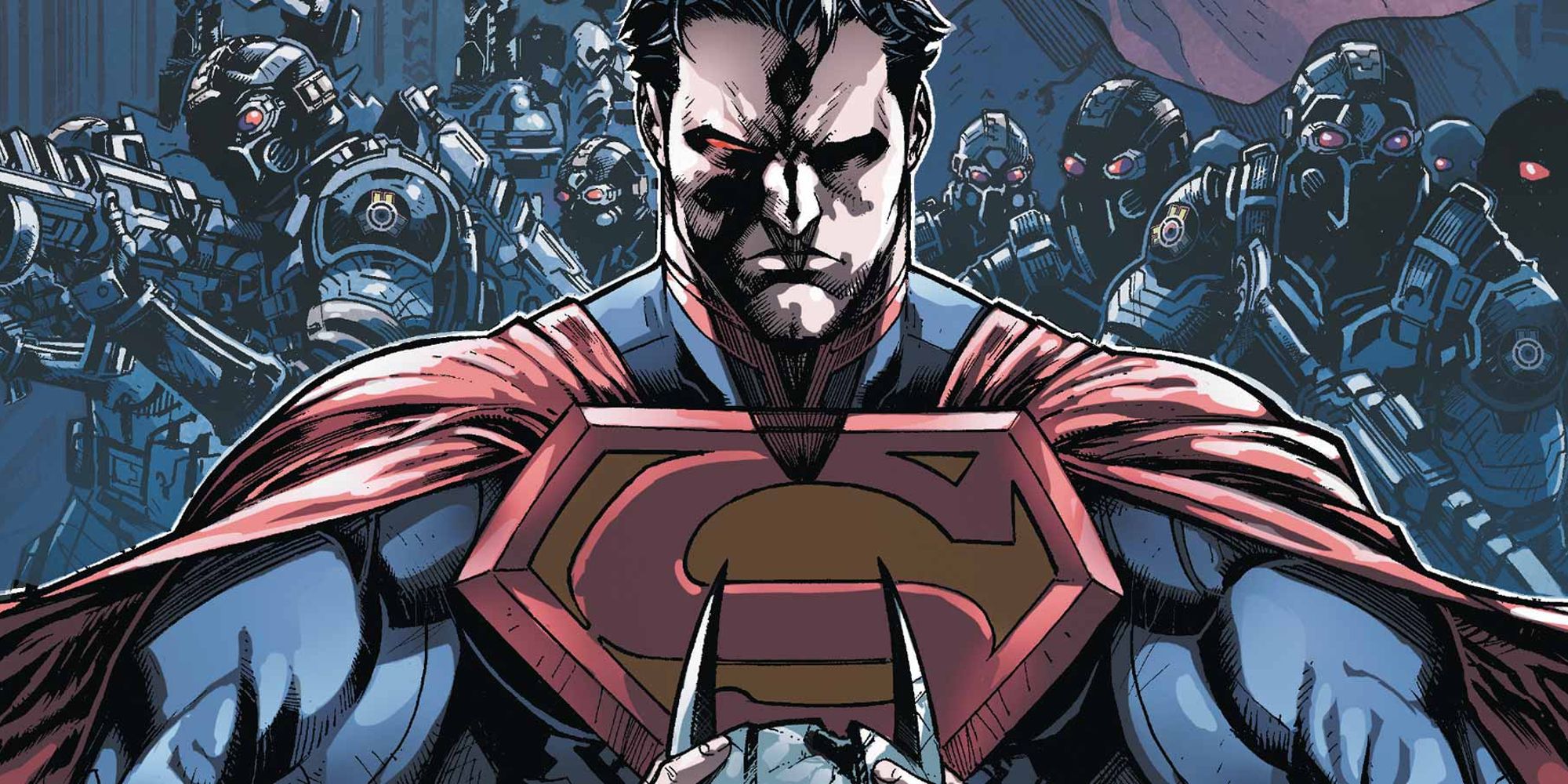 Superman holding Batman's cowl while surrounding by his regime soldiers in Injustice Gods Among Us