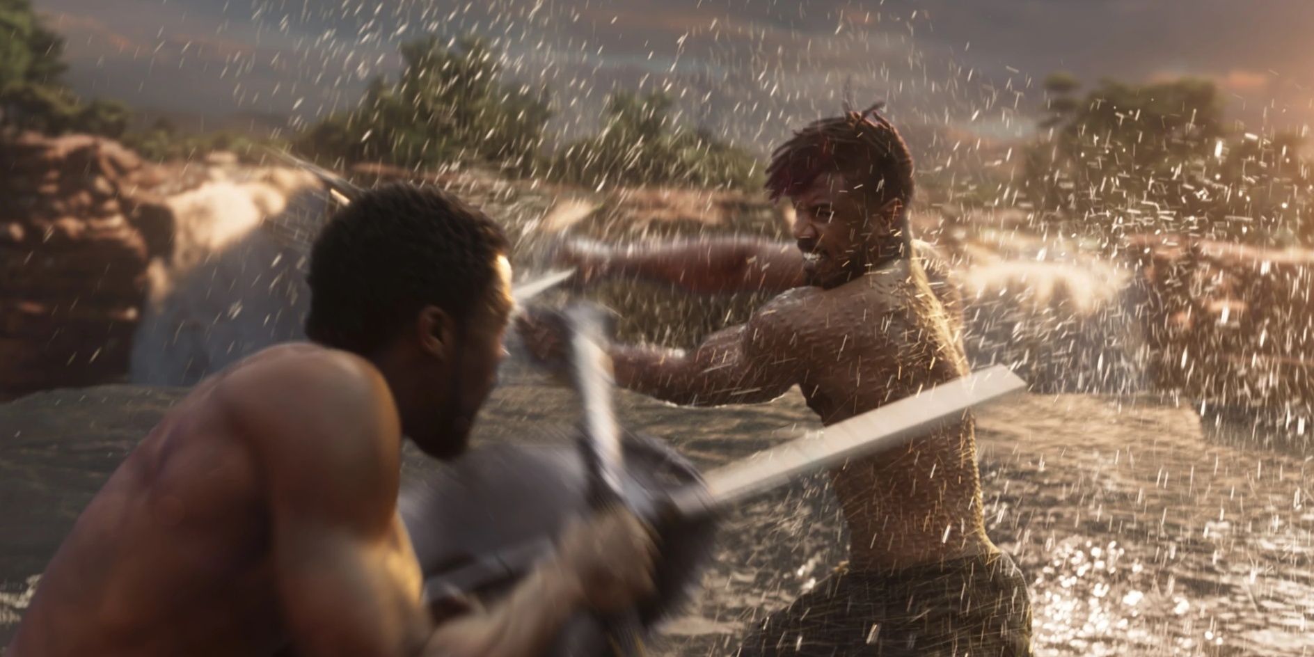 TChalla and Killmonger fight at the Waterfall in Black Panther Cropped