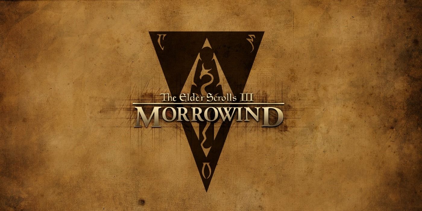 Logo for The Elder Scrolls III: Morrowind on an aged parchment-themed background.