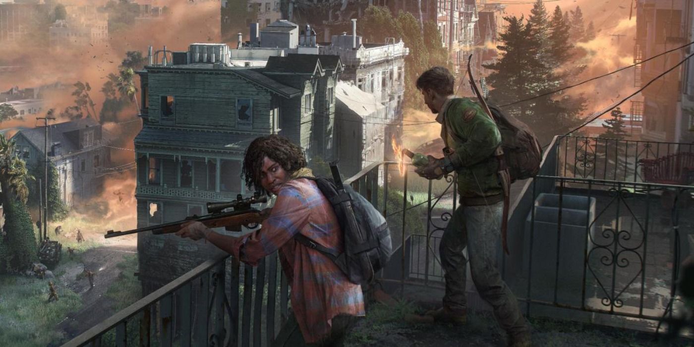 Concept art of two survivors armed and aiming from the top of a building for the The Last of Us multiplayer spinoff.