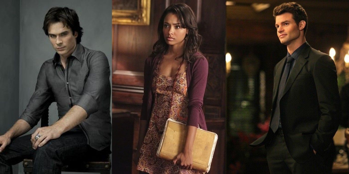 Split image of Damon, Bonnie, and Elijah from The Vampire Diaries