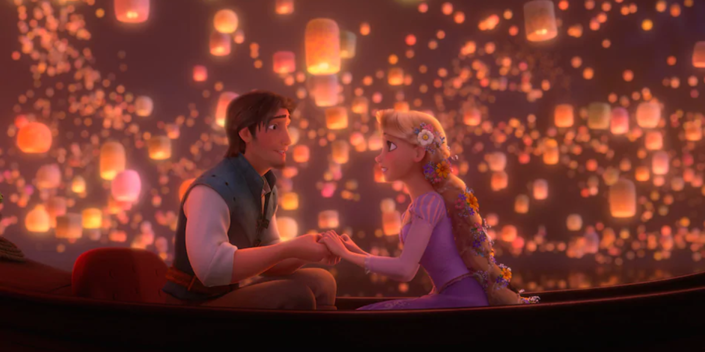 Flynn and Rapunzel holding hands in the canoe at the lantern festival