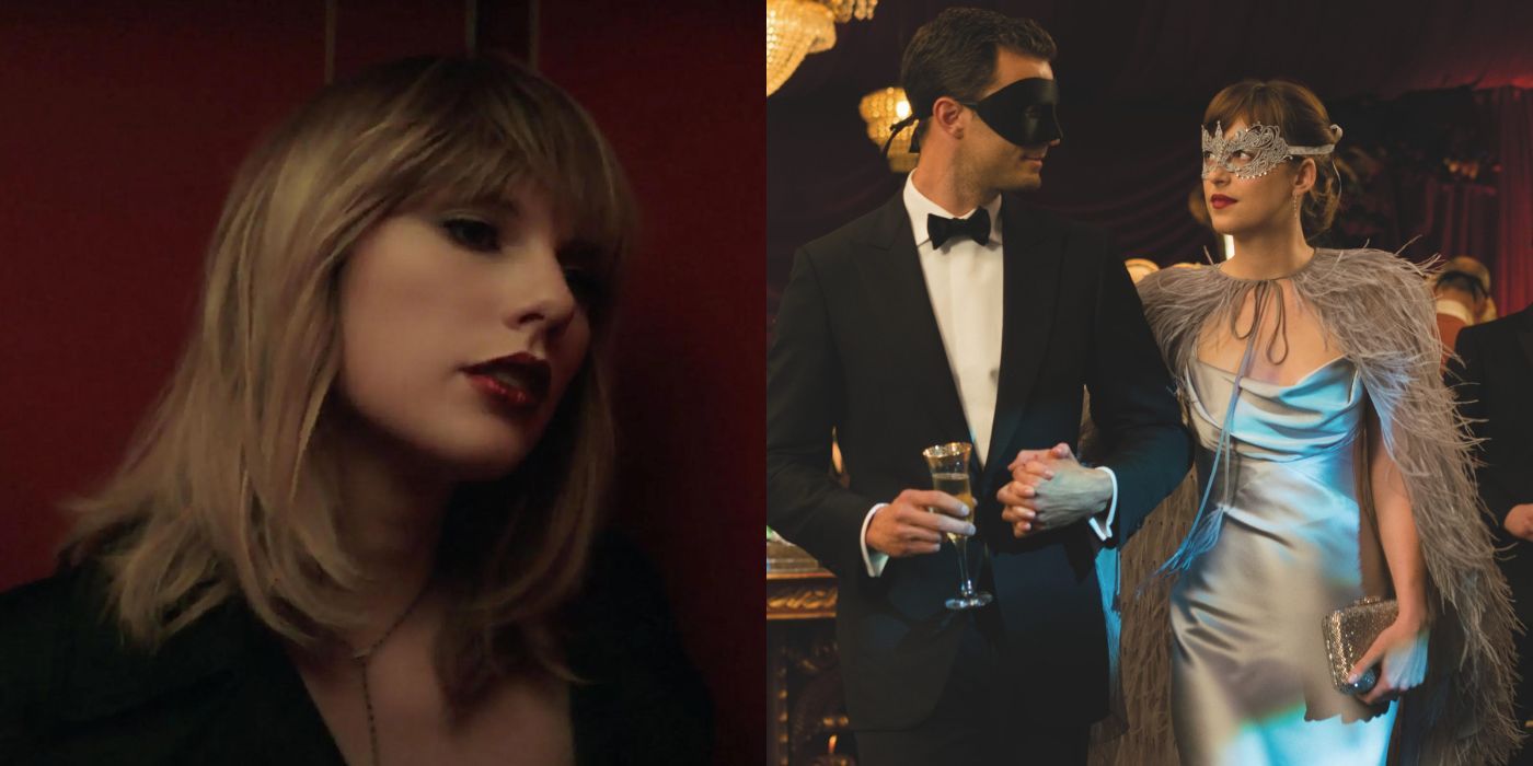 A split image of Taylor Swift and the main characters from Fifty Shades of Grey