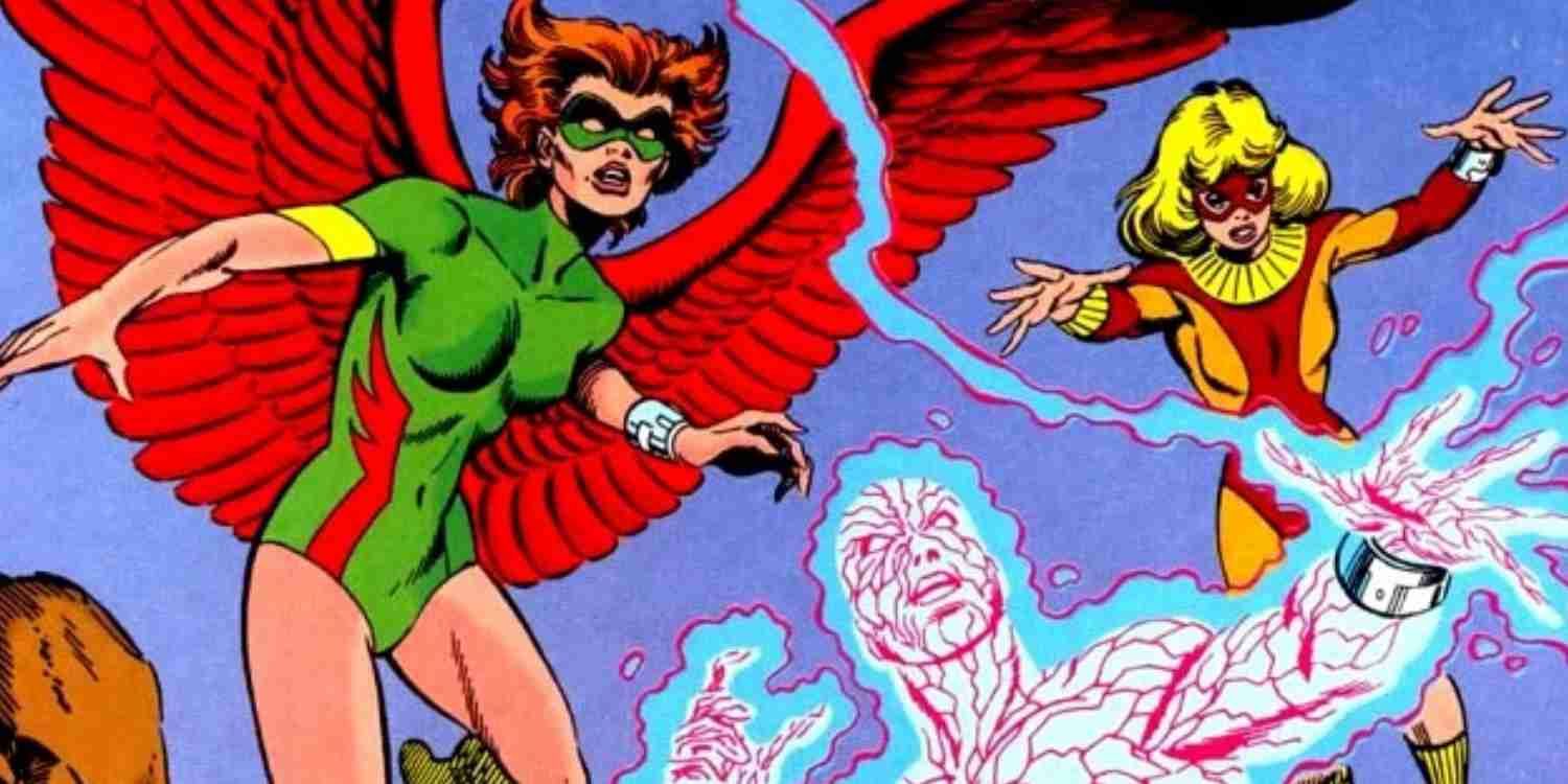 Superheroes flying in the sky in the Team Titans.