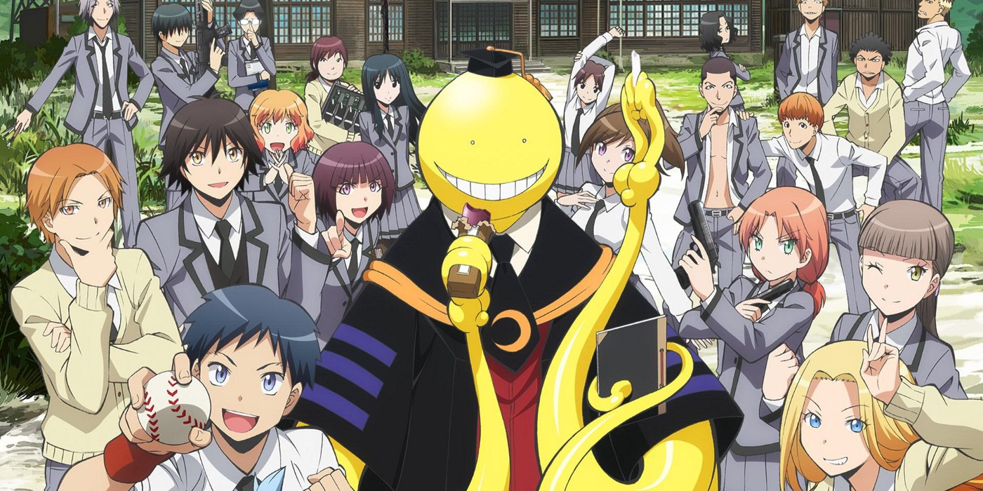 Korosensei surrounded by his cheerfully posing students in Assassination Classroom.